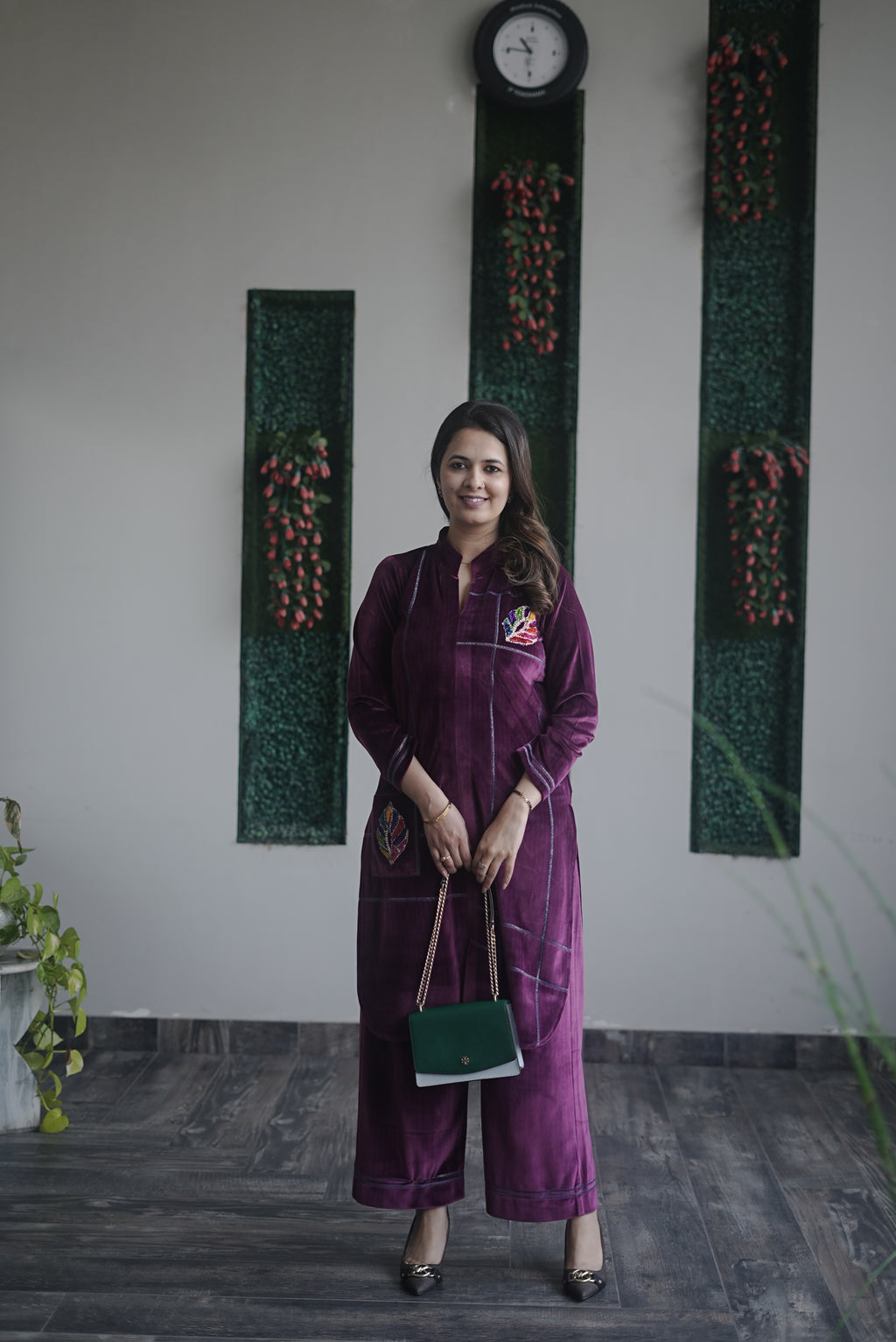 Plum grid velvet kurta set