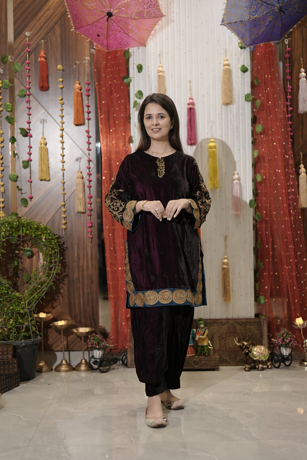 Wine pakistani kurta set