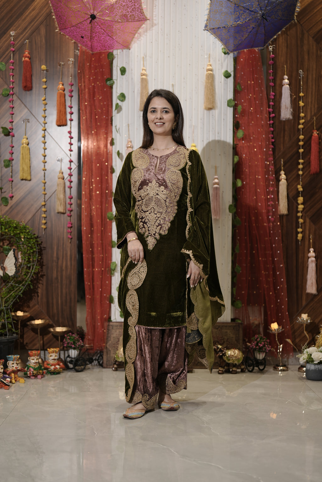 Royal green suit with shawl