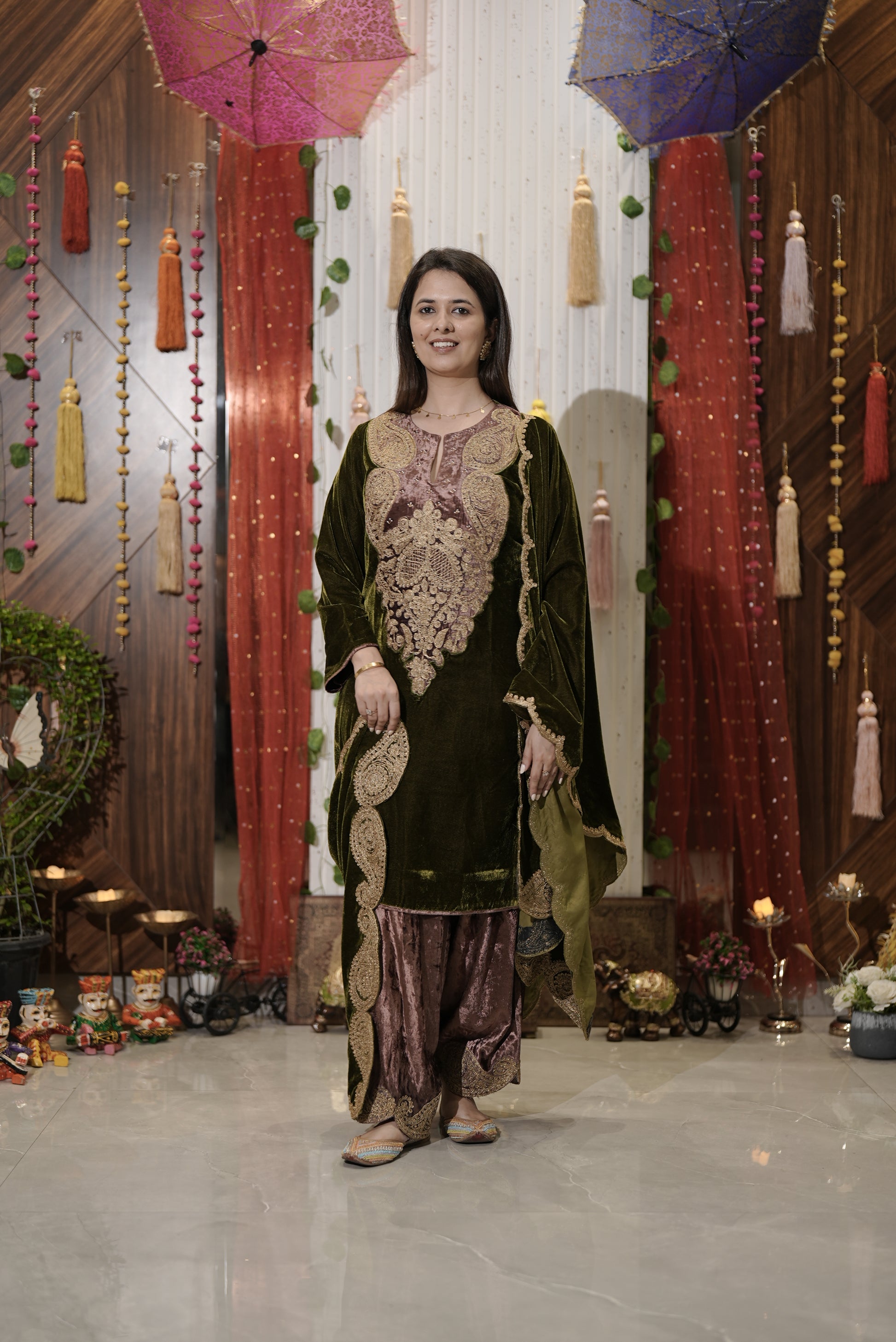 Royal green suit with shawl