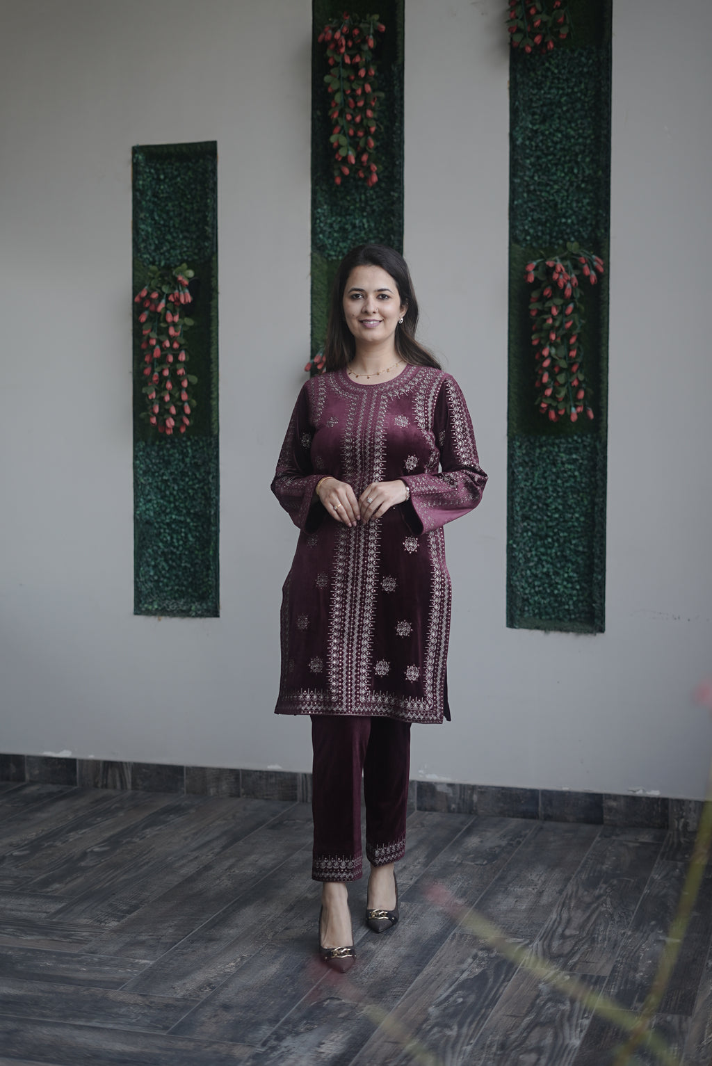 Velvet embroidered mehroon set