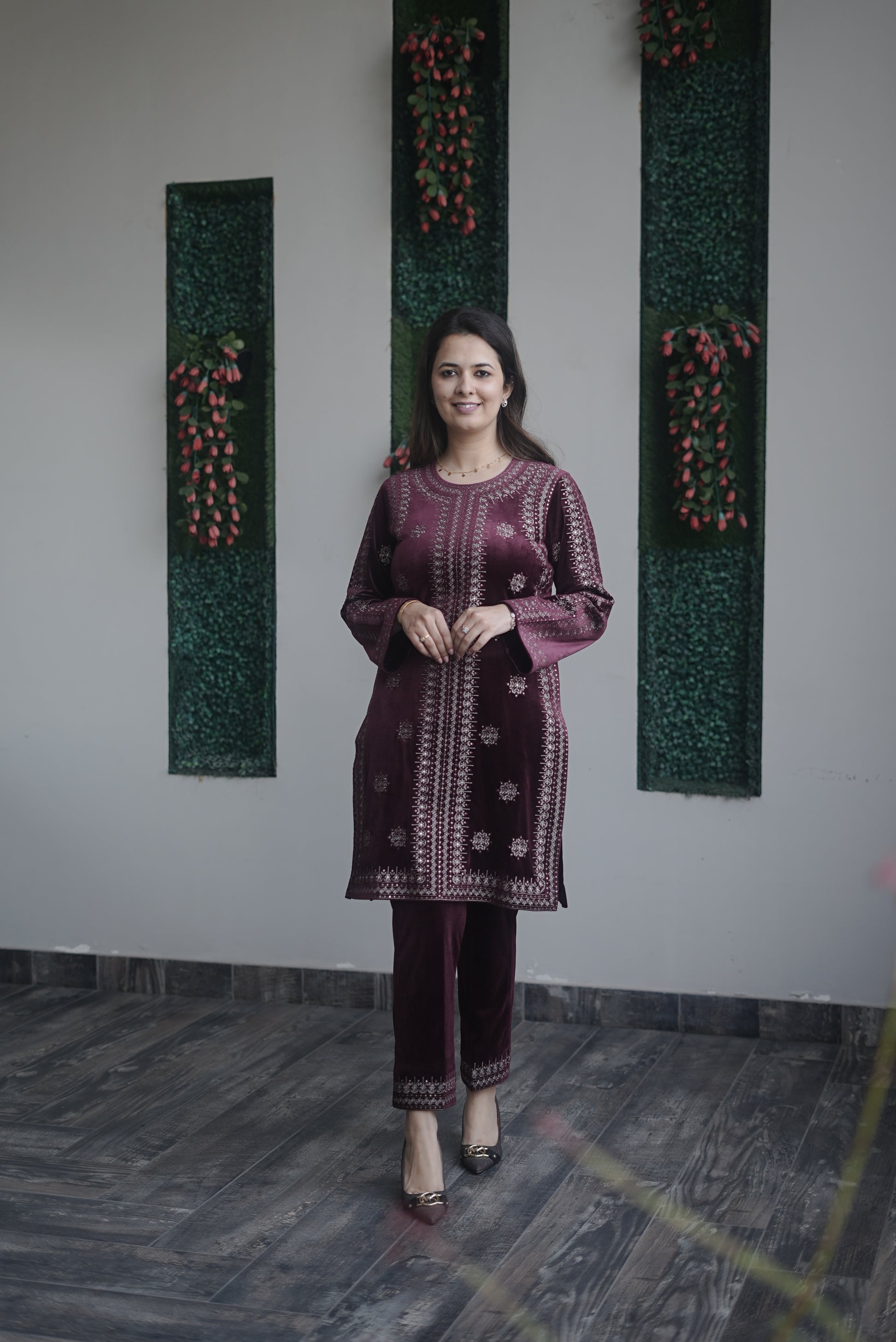 Velvet embroidered mehroon set