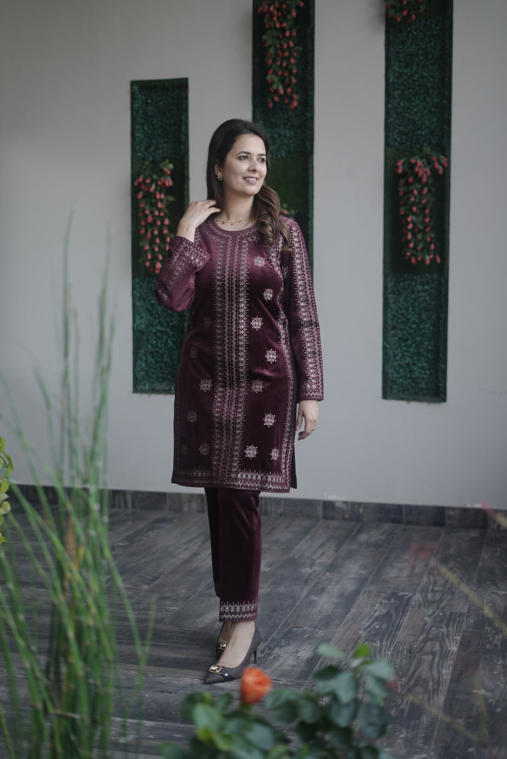 Velvet embroidered mehroon set