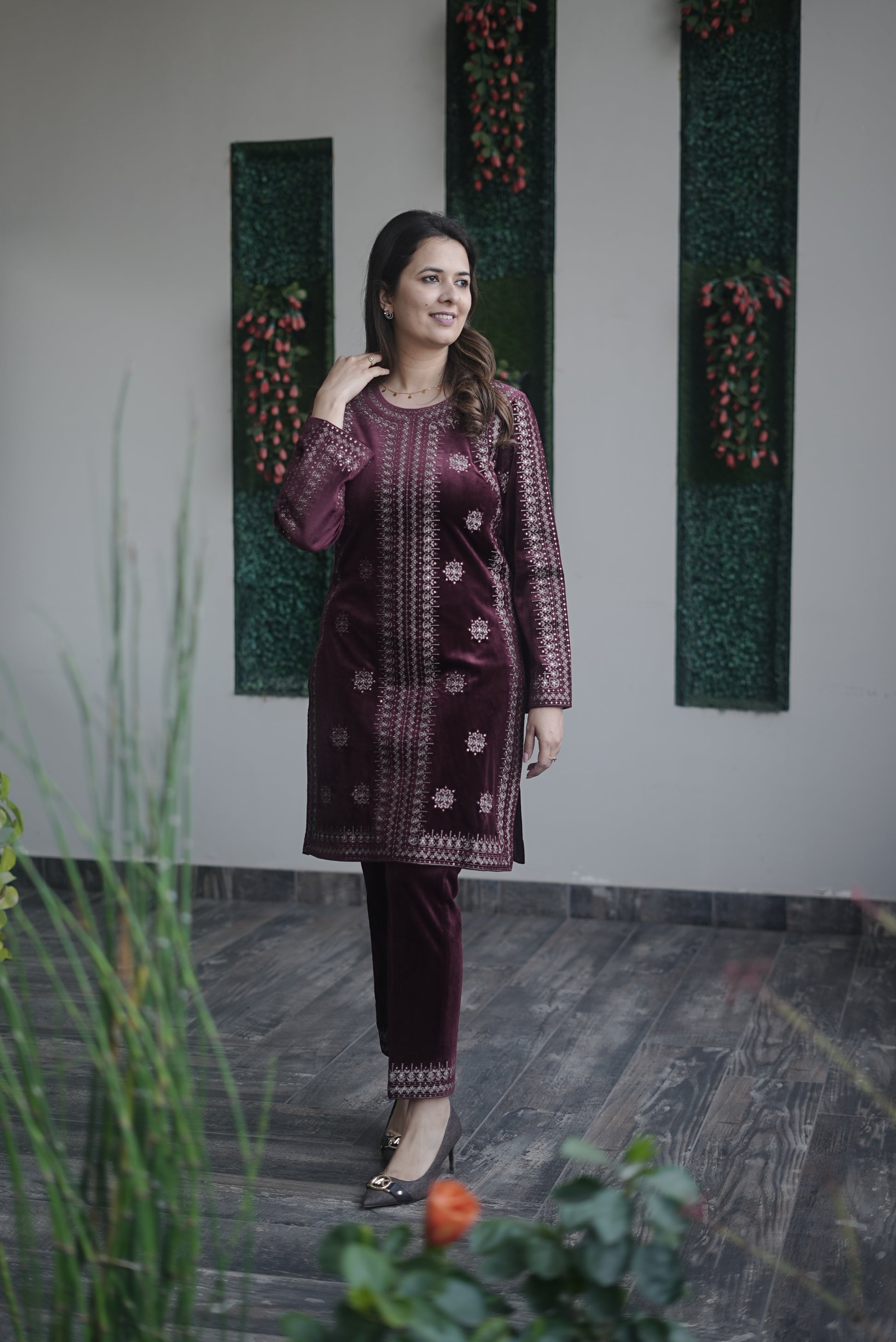 Velvet embroidered mehroon set
