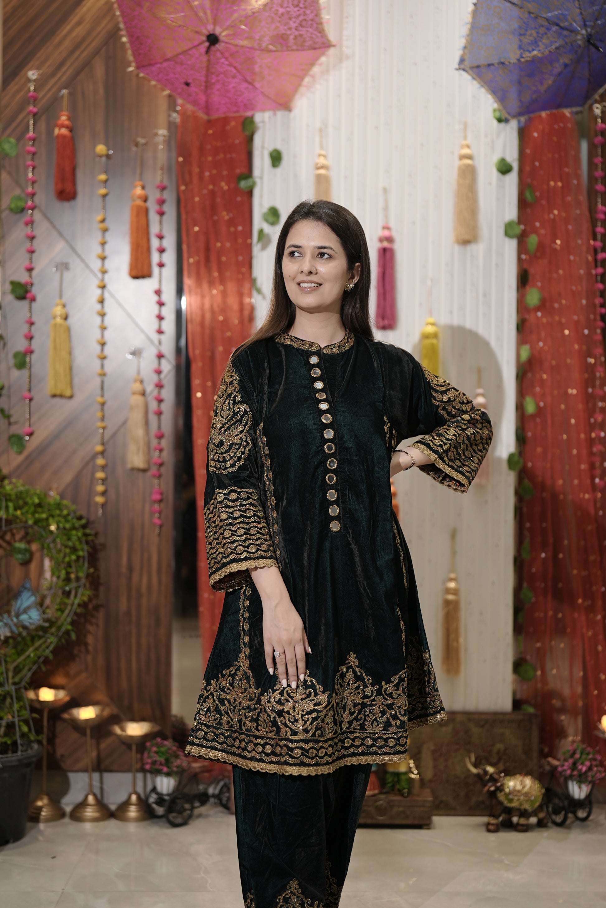 Bottle green kurta set