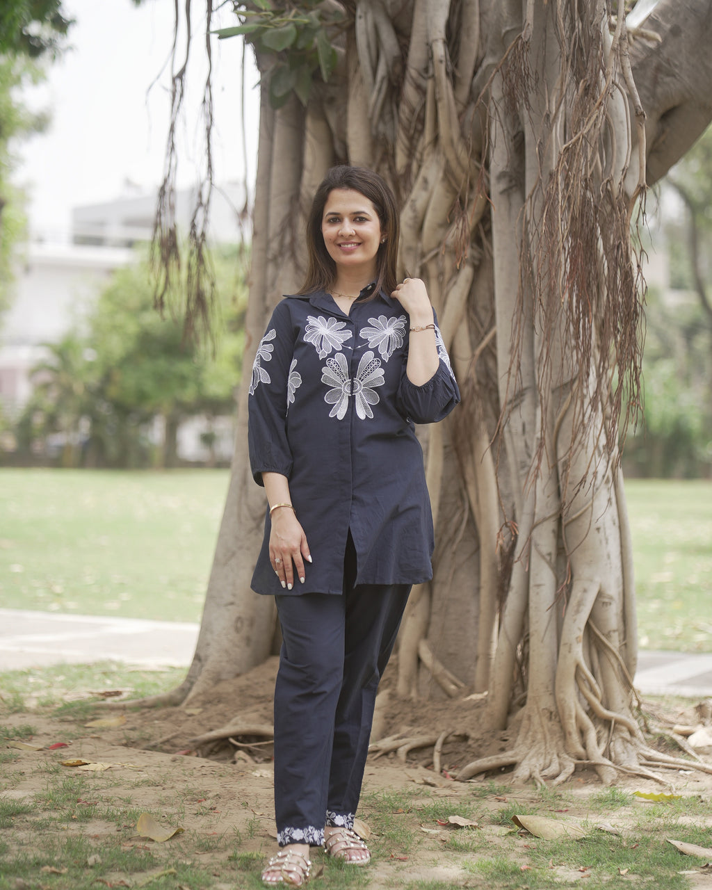 Navy Blue Floral Embroidered Co-ord Set