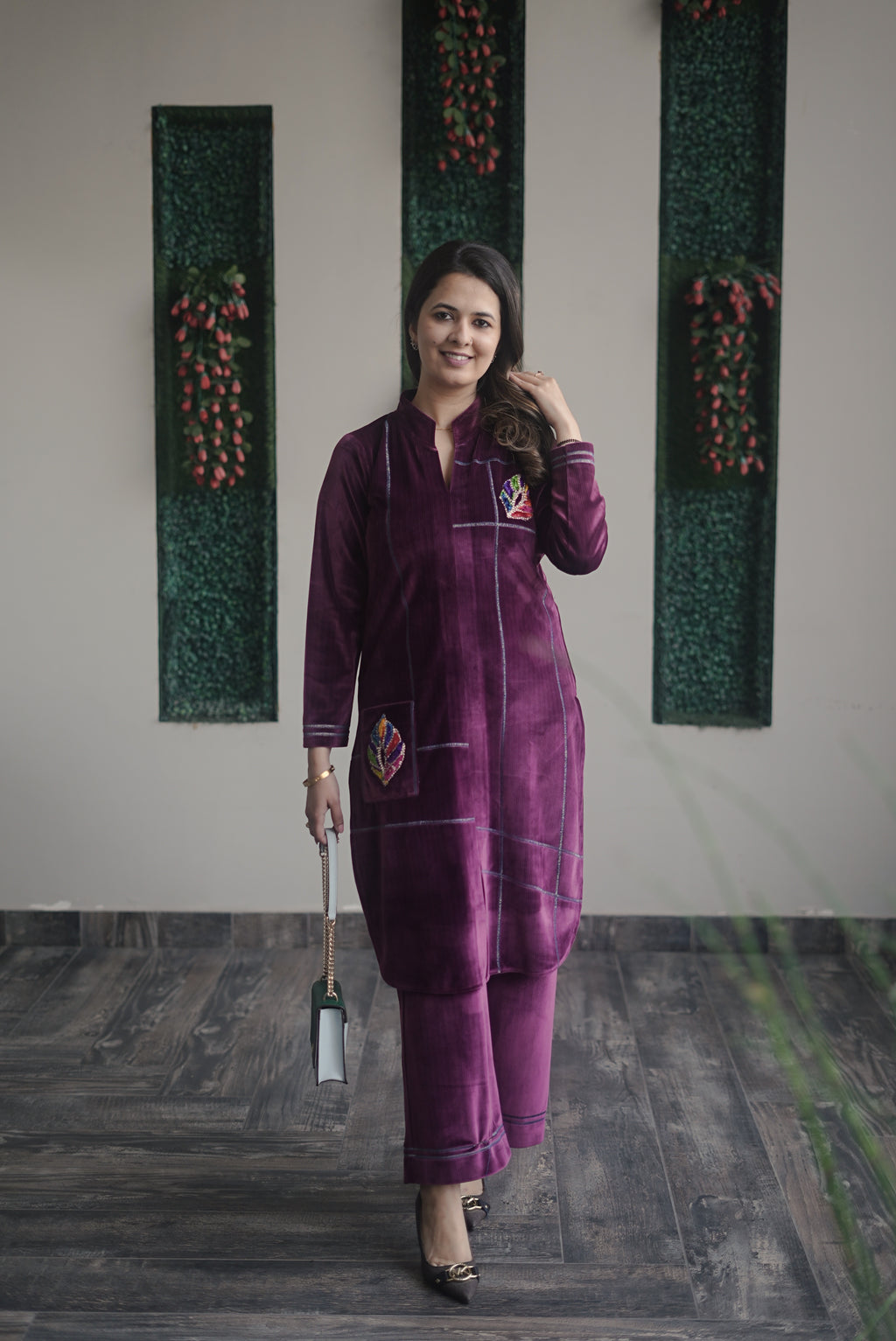 Plum grid velvet kurta set