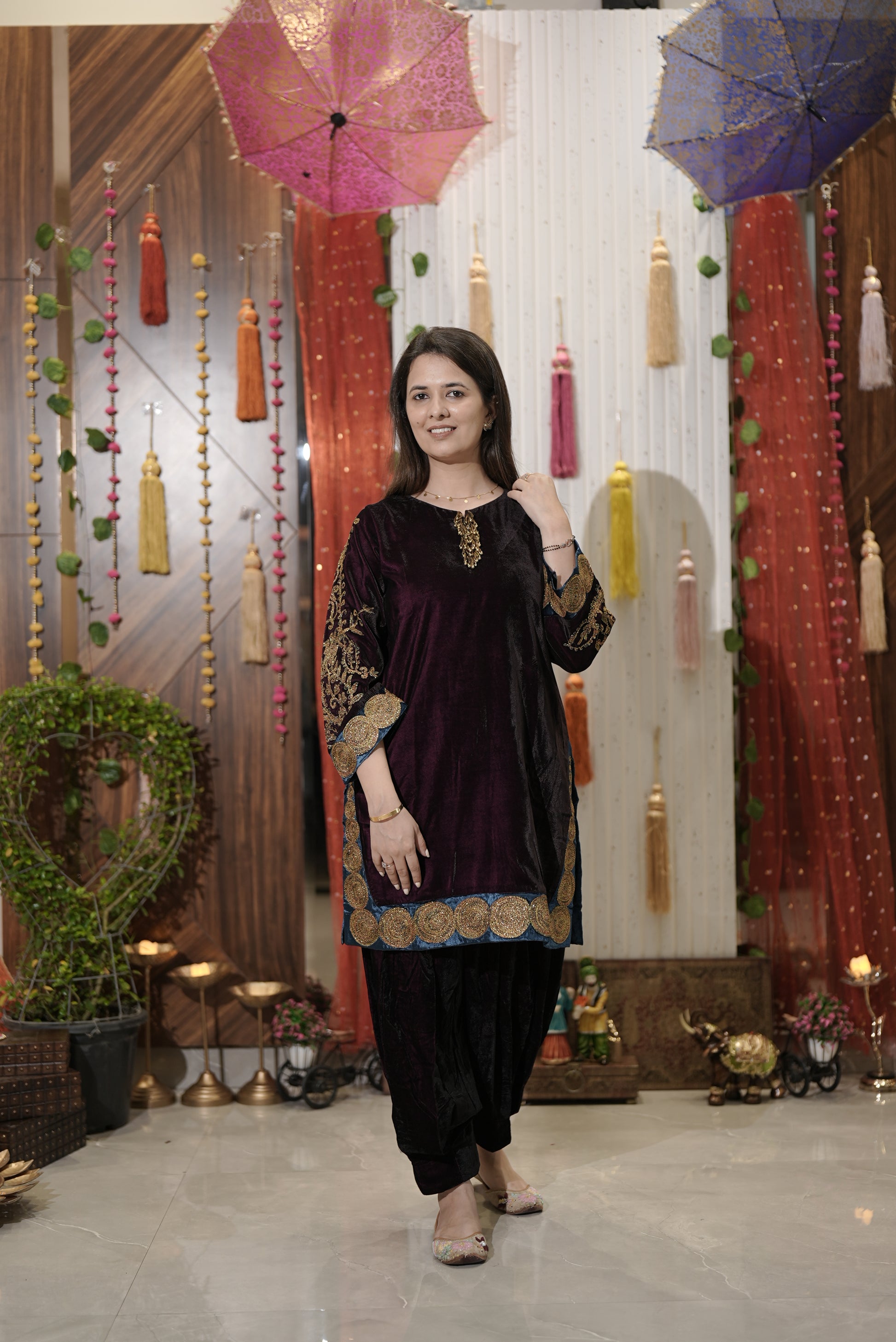 Wine pakistani kurta set