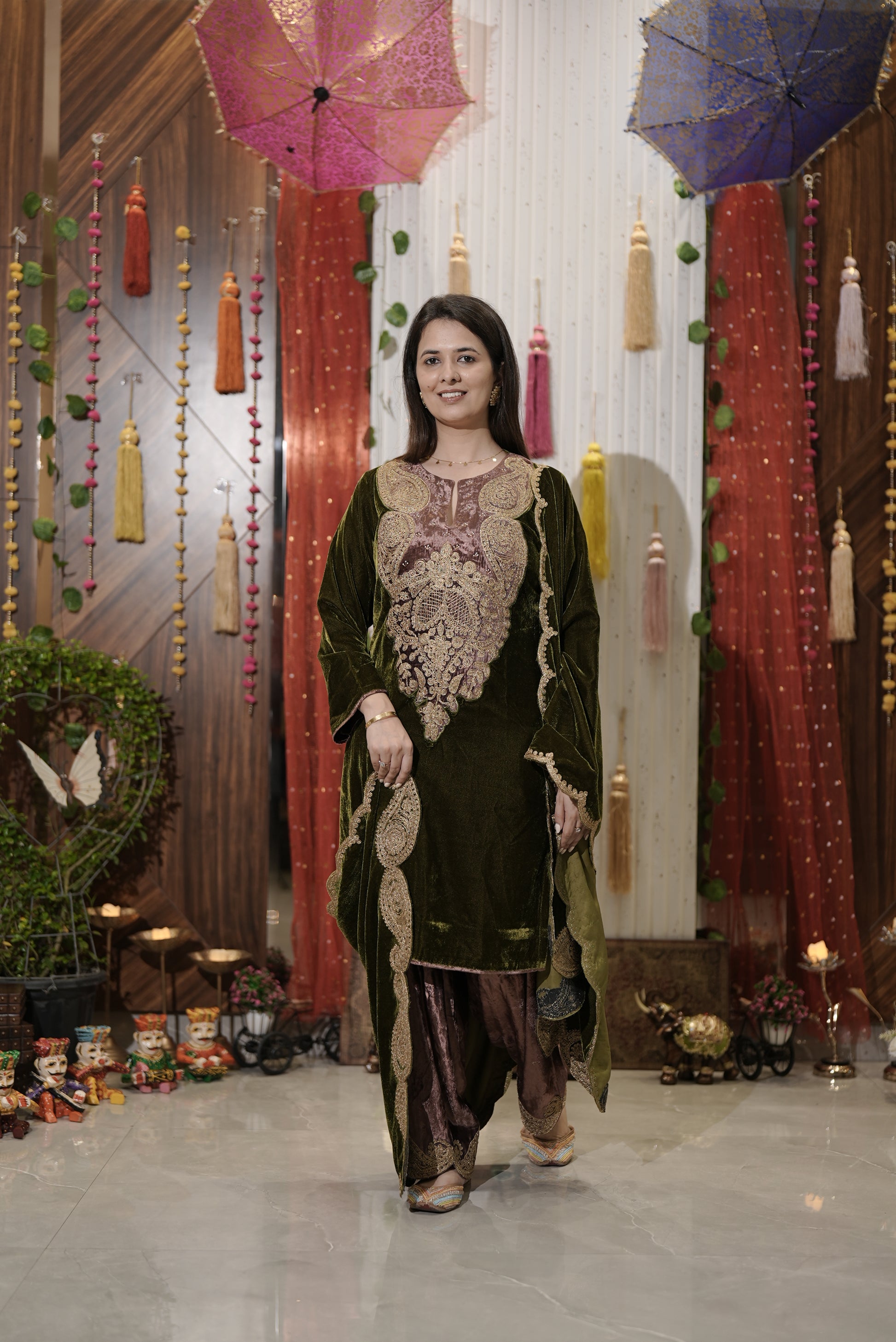 Royal green suit with shawl