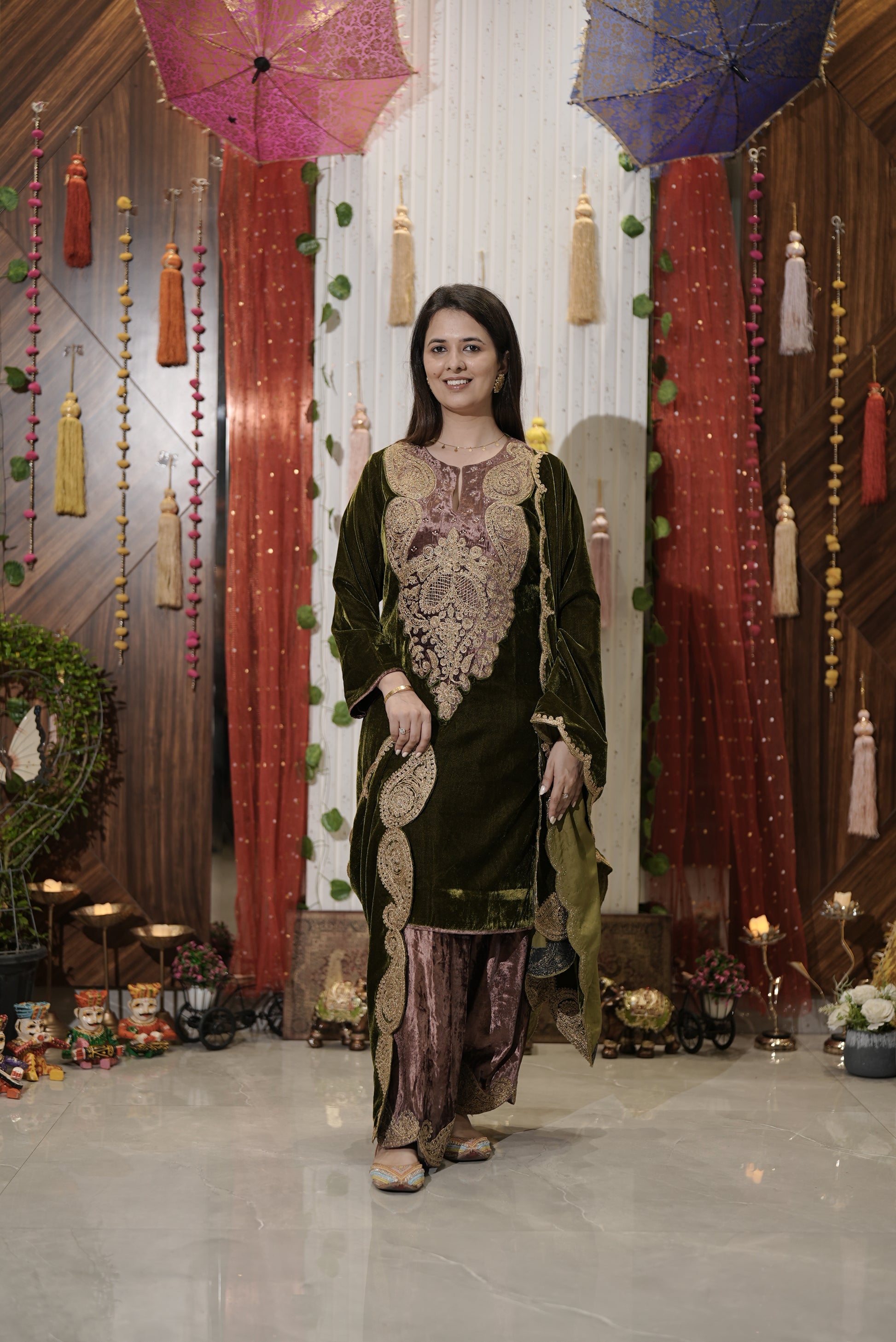 Royal green suit with shawl