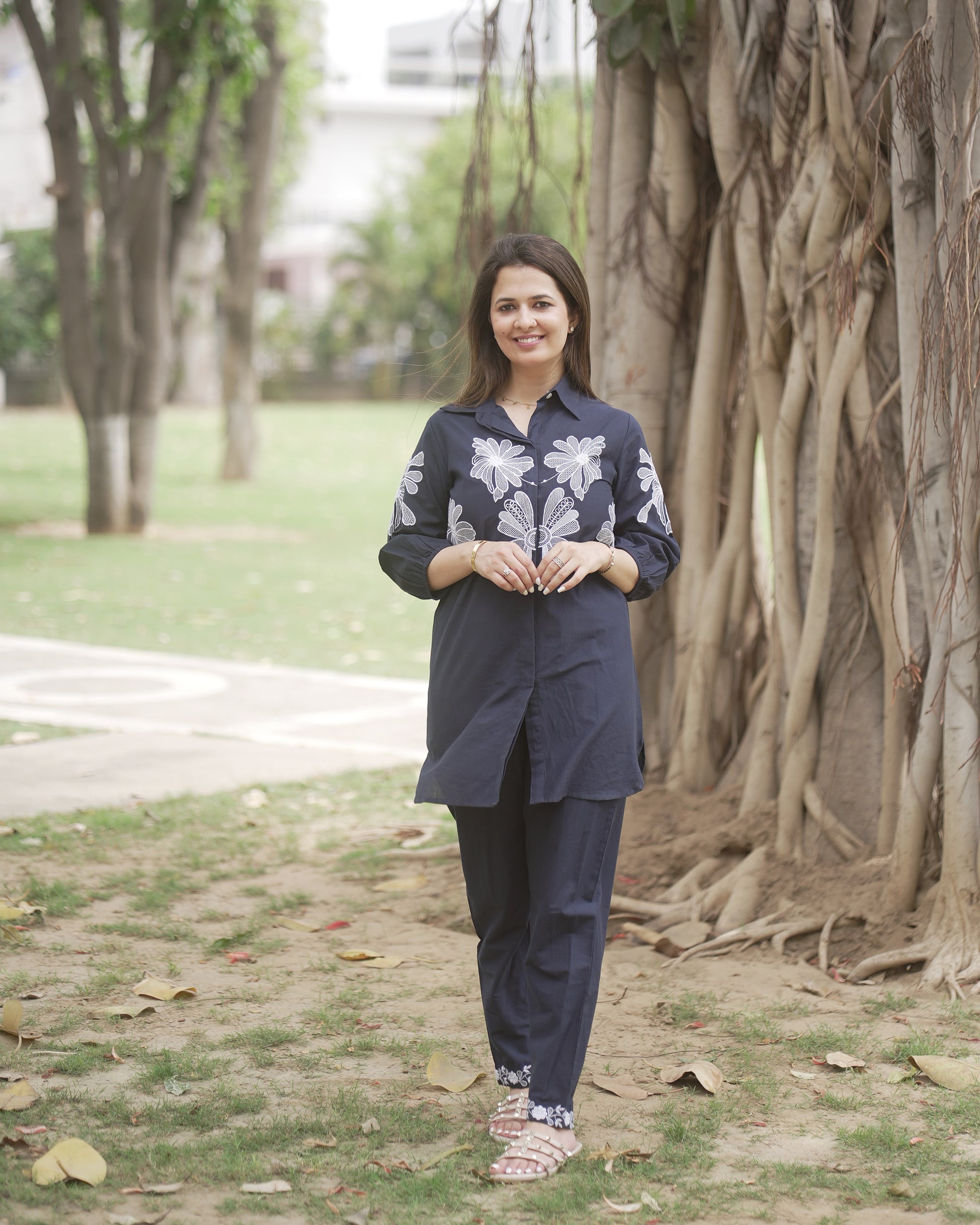 Navy Blue Floral Embroidered Co-ord Set