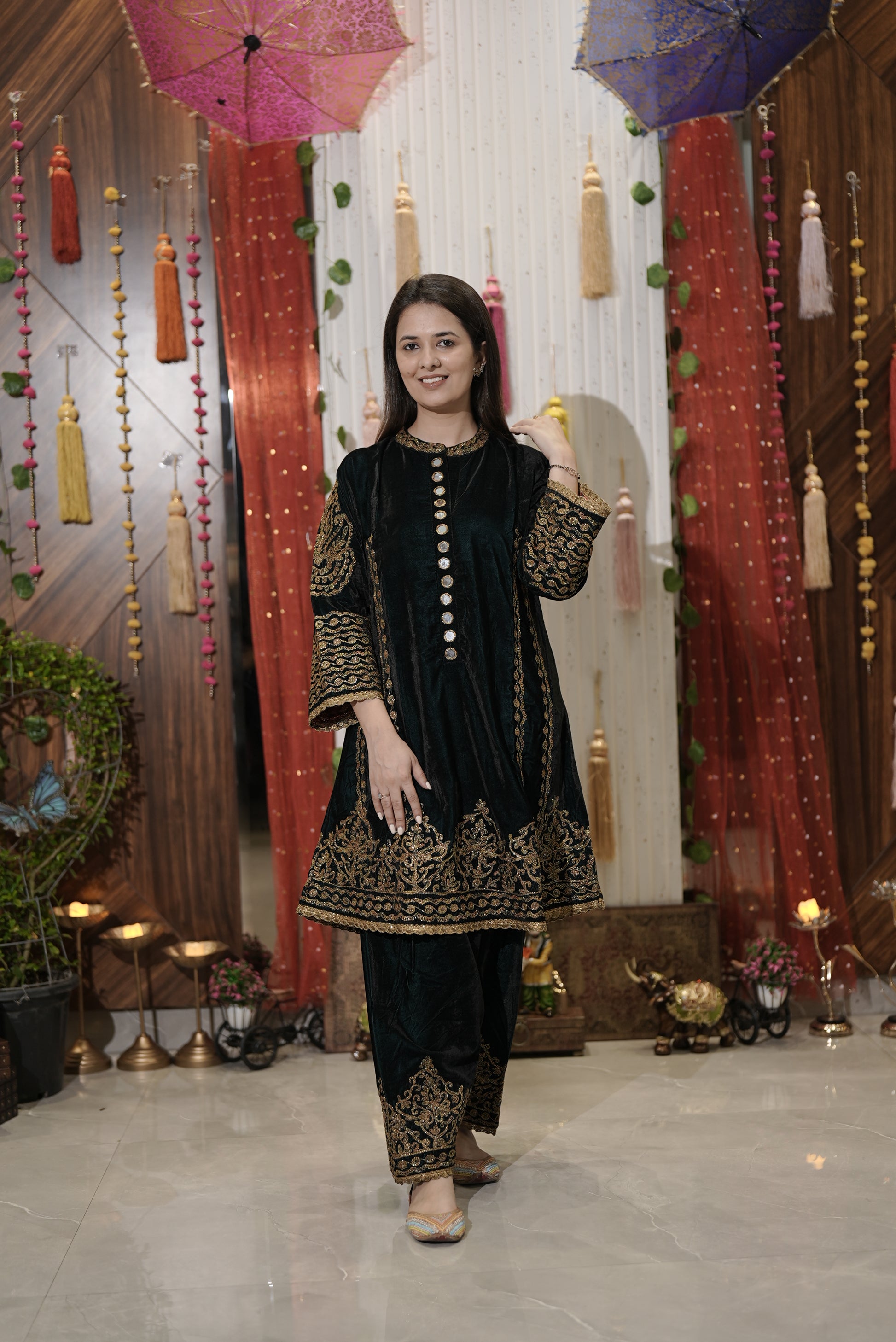 Bottle green kurta set