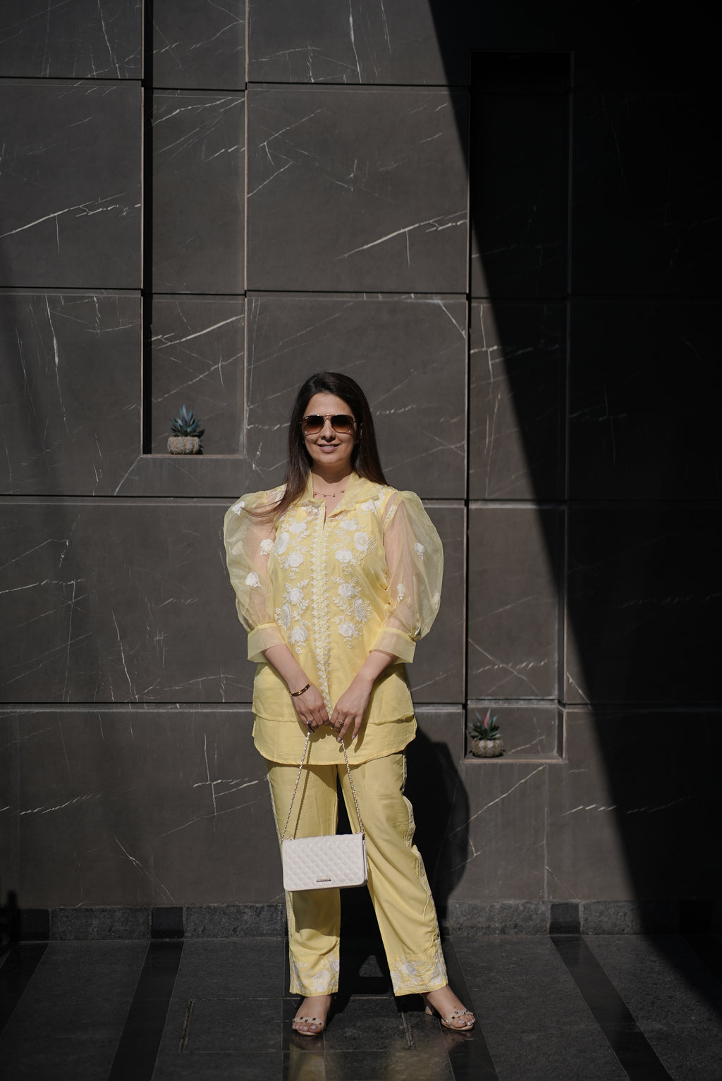 Lemon Yellow Embroidered Organza & Cotton Co-Ord Set