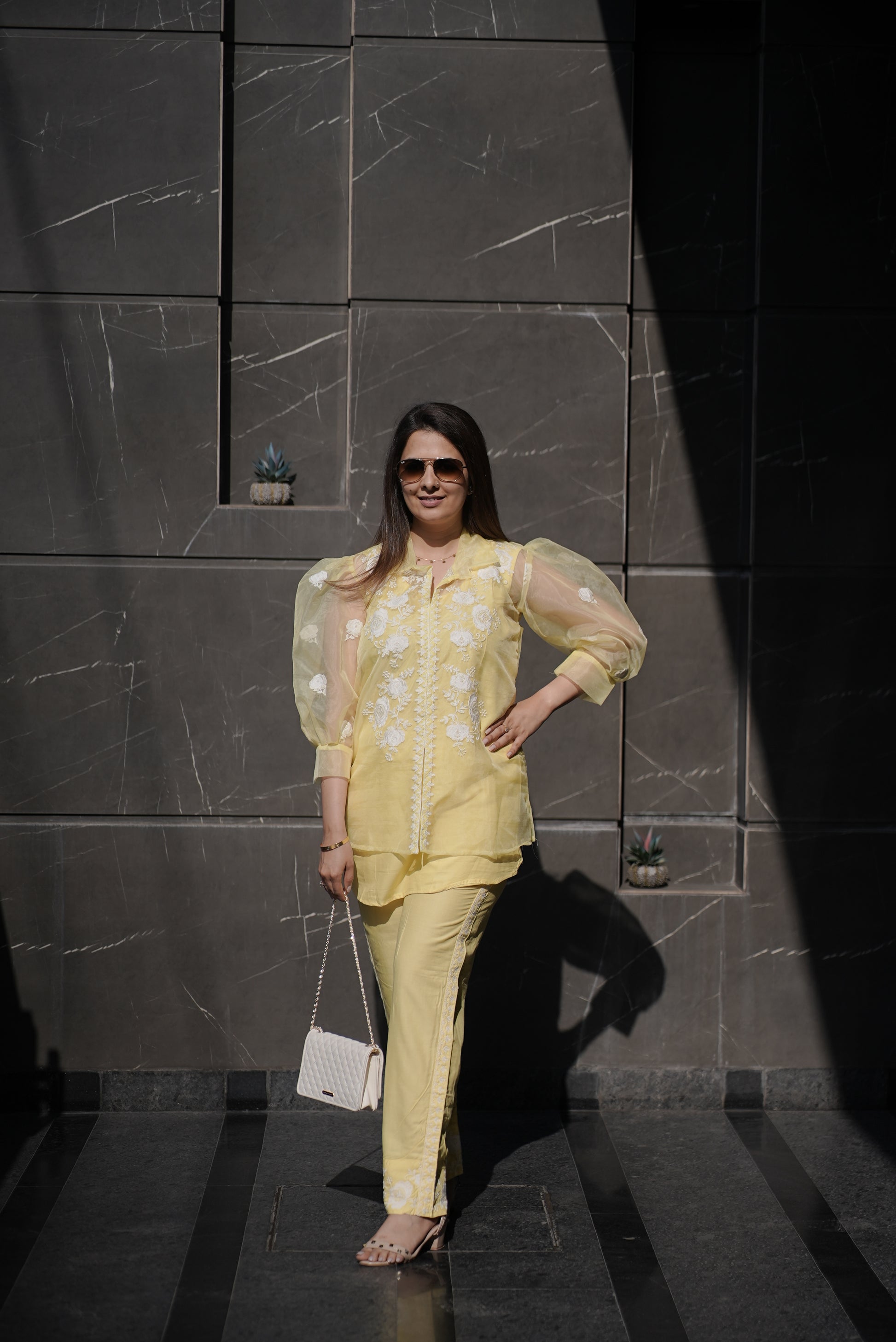 Lemon Yellow Embroidered Organza & Cotton Co-Ord Set