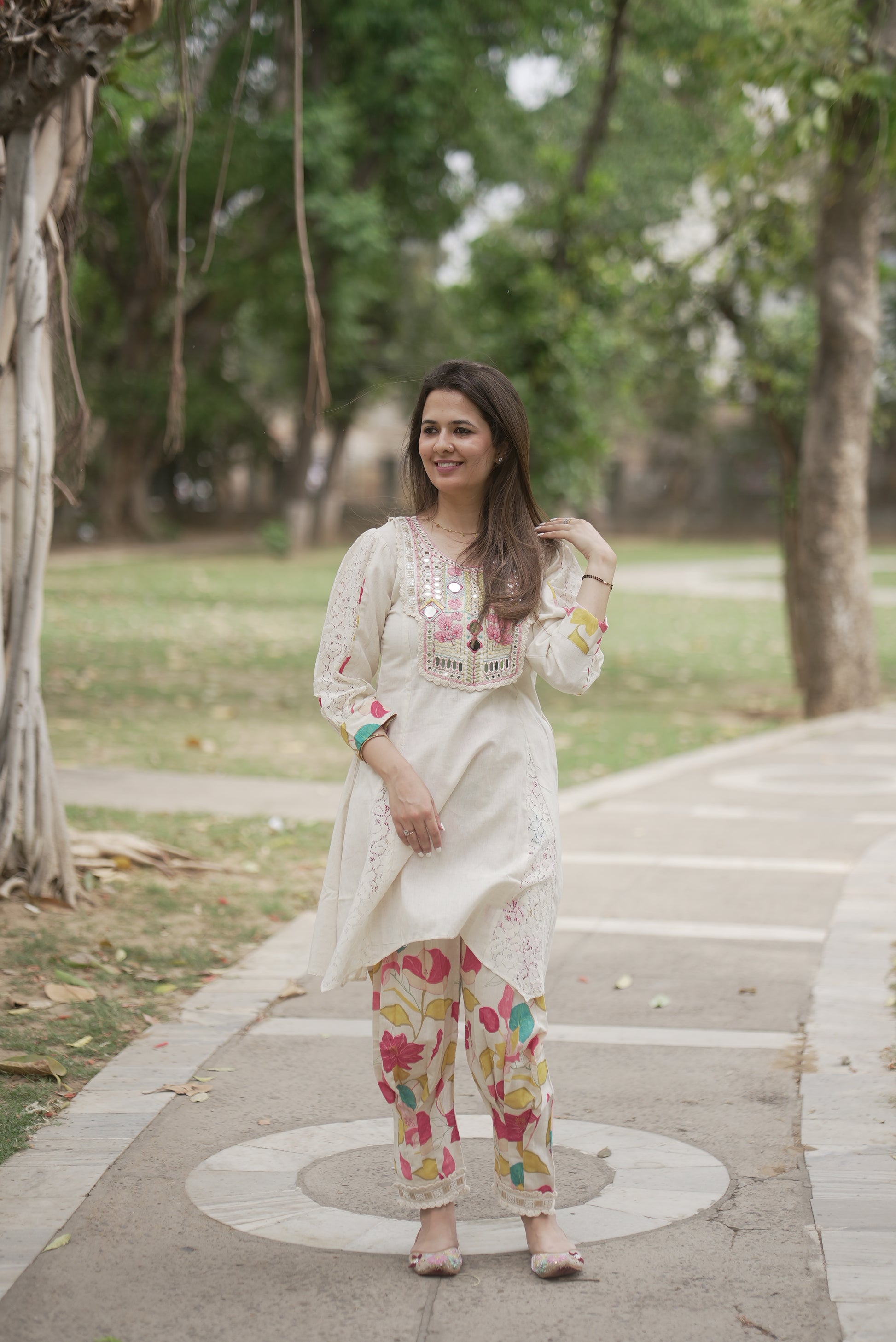 Off-White Embroidered Linen Co-Ord Set with Floral Pants