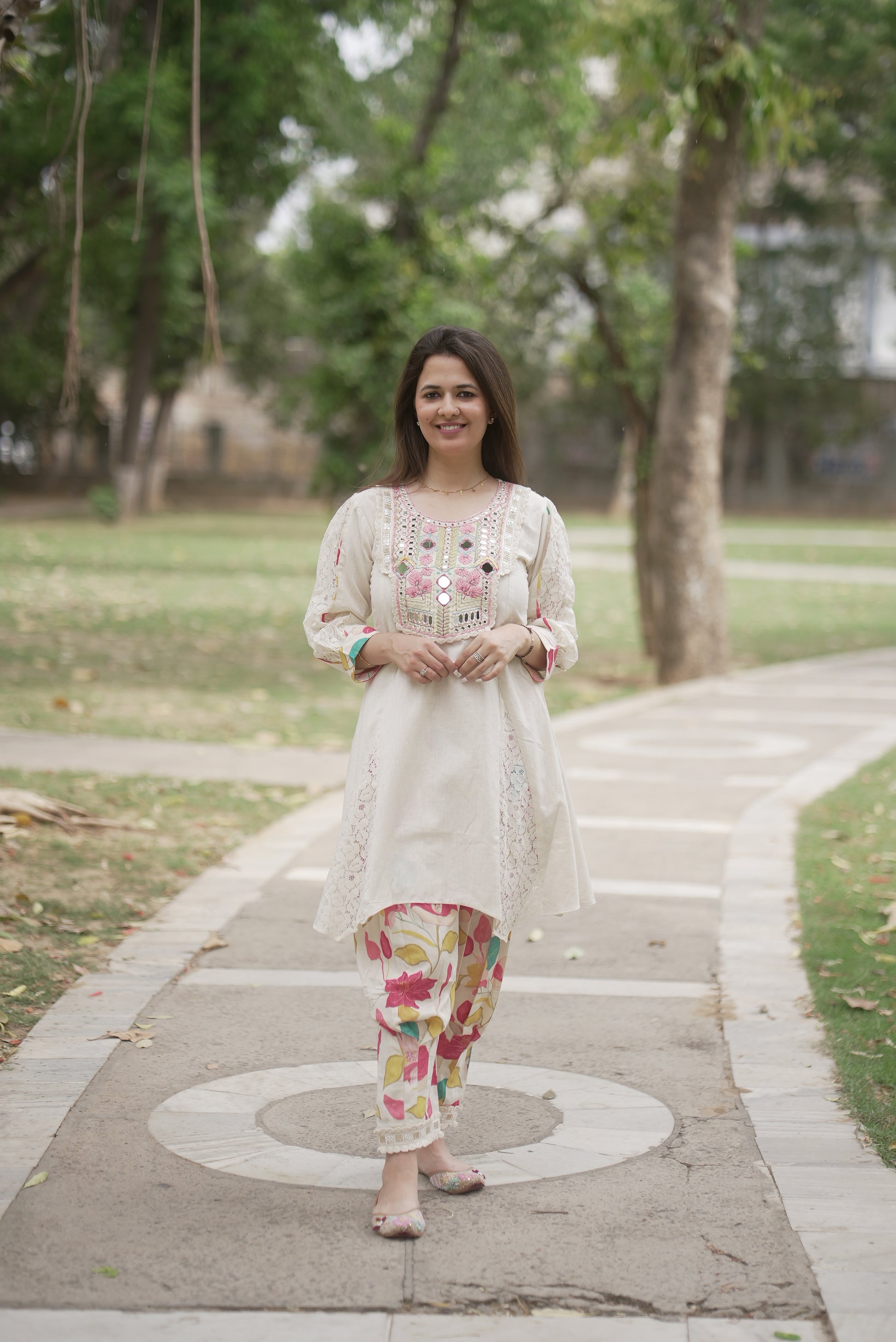 Off-White Embroidered Linen Co-Ord Set with Floral Pants