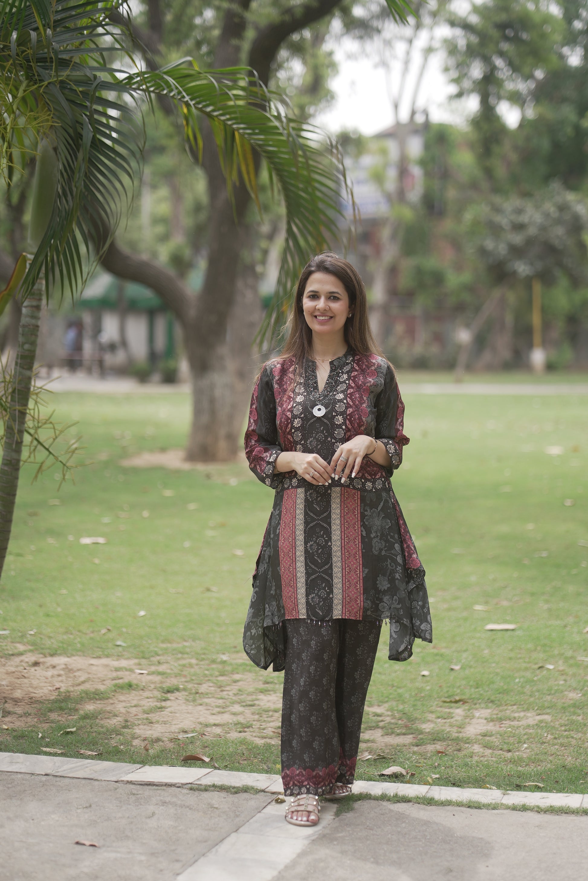 Black & Maroon Printed Crepe Co-Ord Set