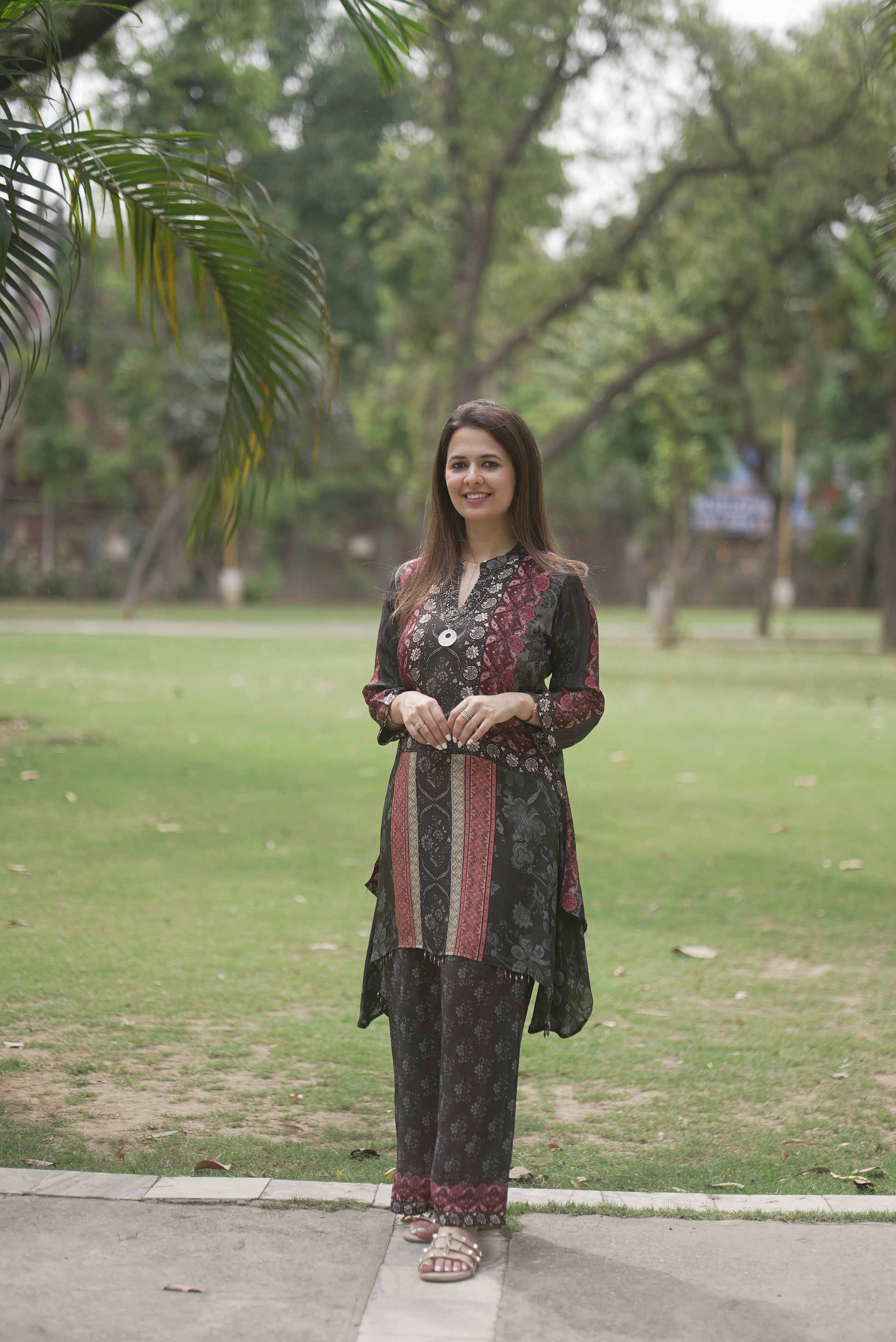 Black & Maroon Printed Crepe Co-Ord Set