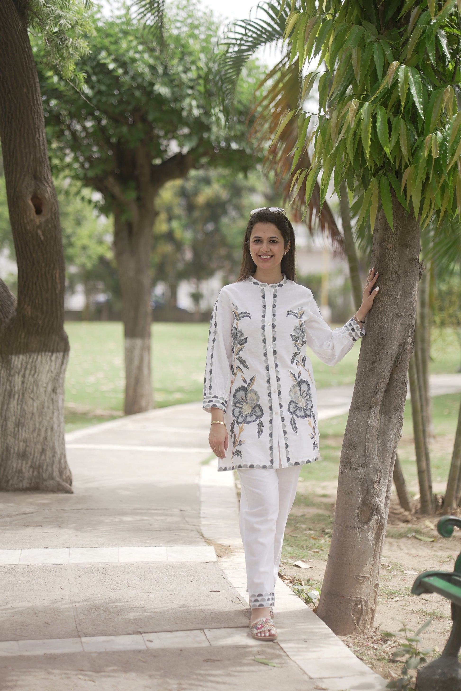 White Floral Printed Cotton Co-Ord Set