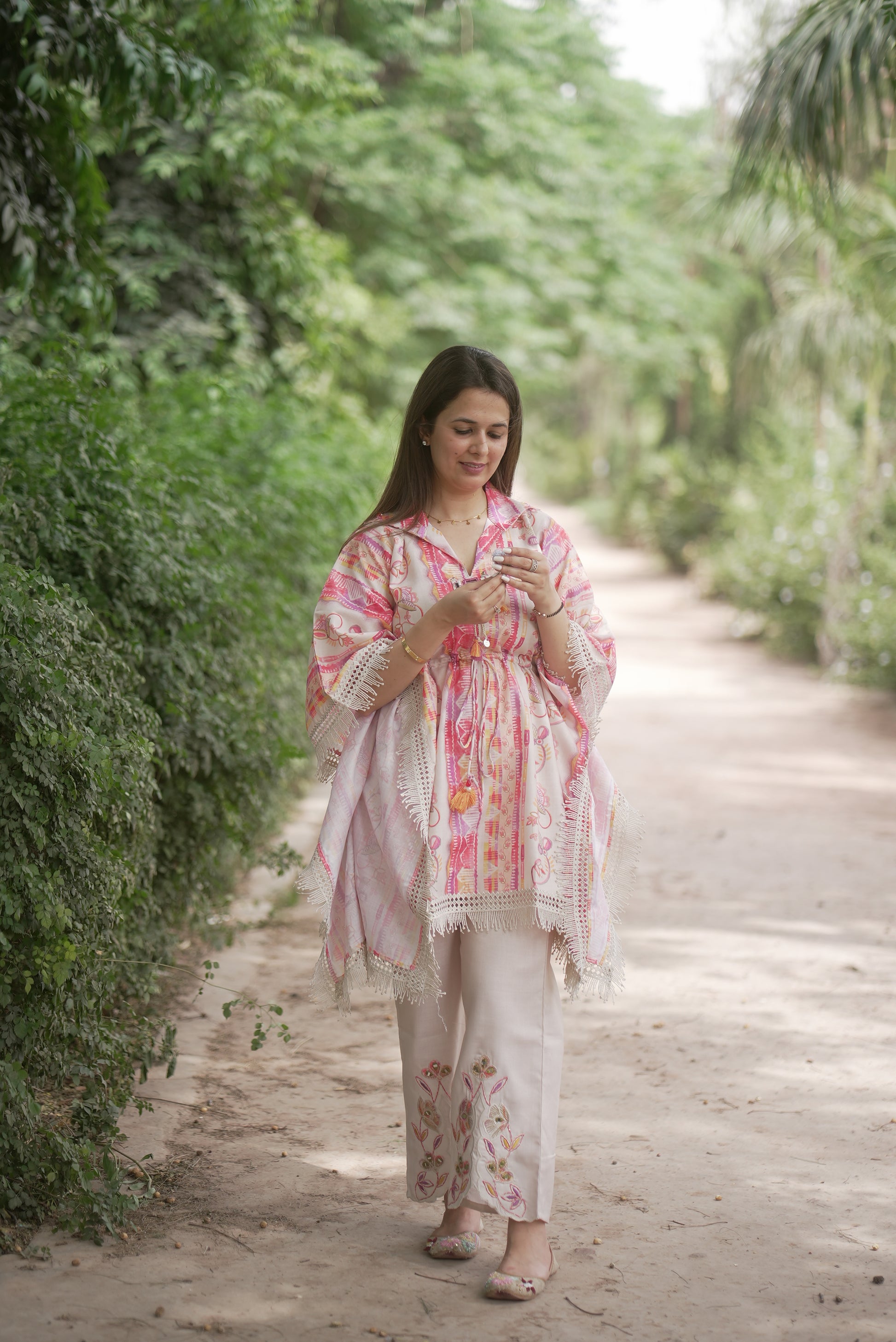 Pink Printed Linen-Cotton Kaftan with Embroidered Pants