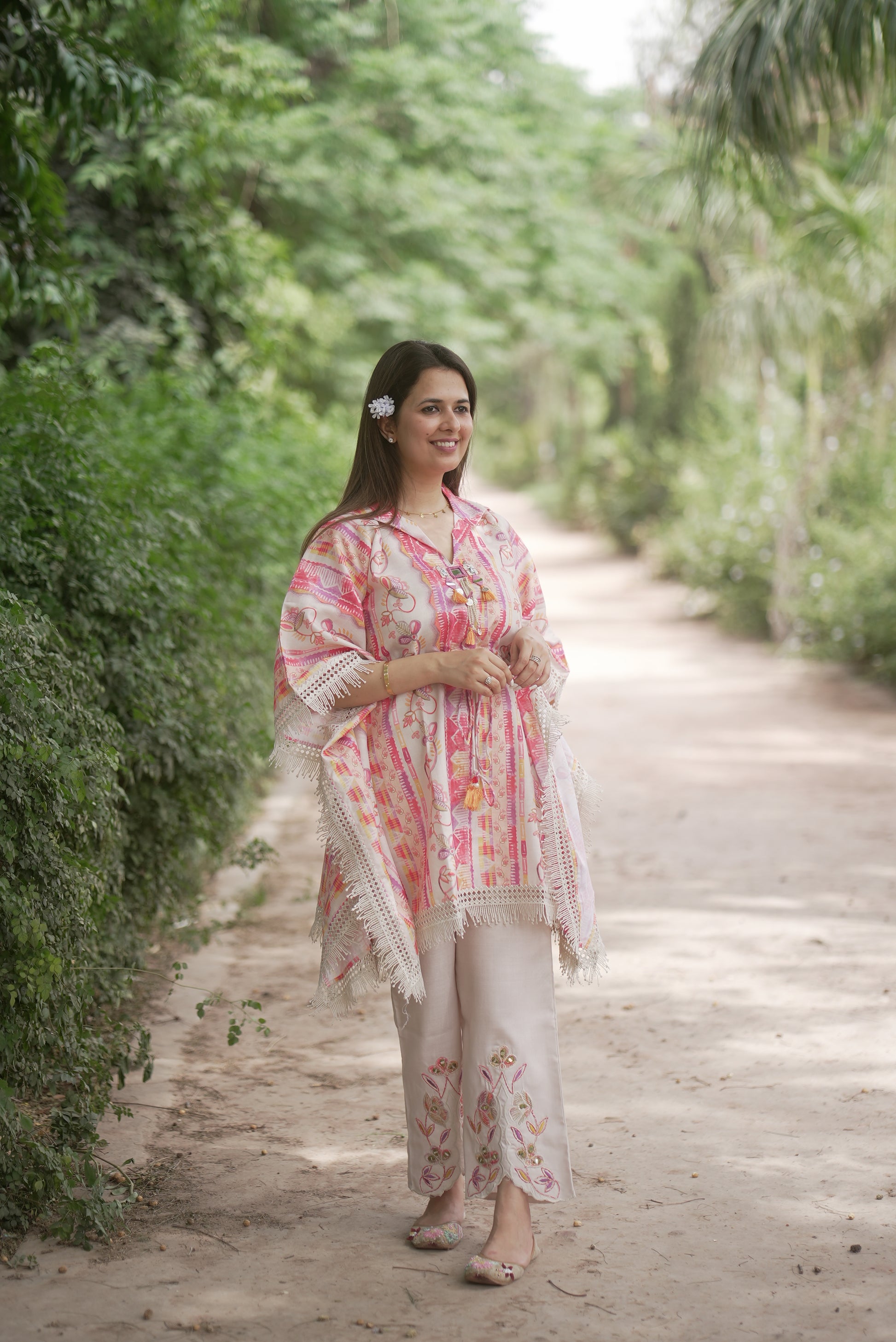 Pink Printed Linen-Cotton Kaftan with Embroidered Pants