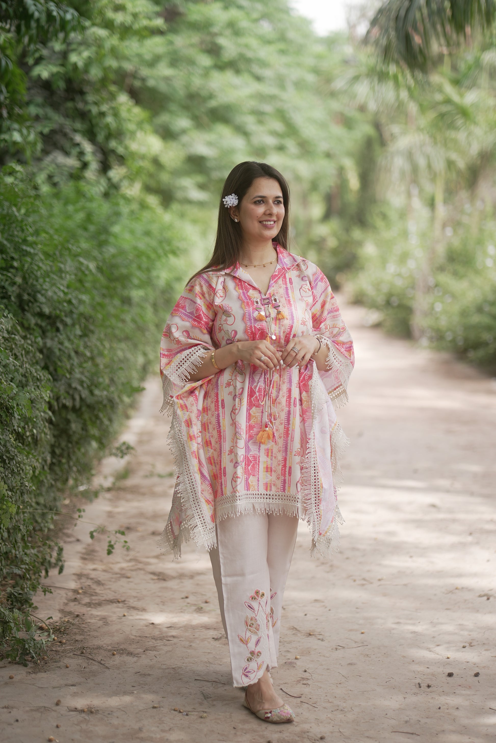 Pink Printed Linen-Cotton Kaftan with Embroidered Pants