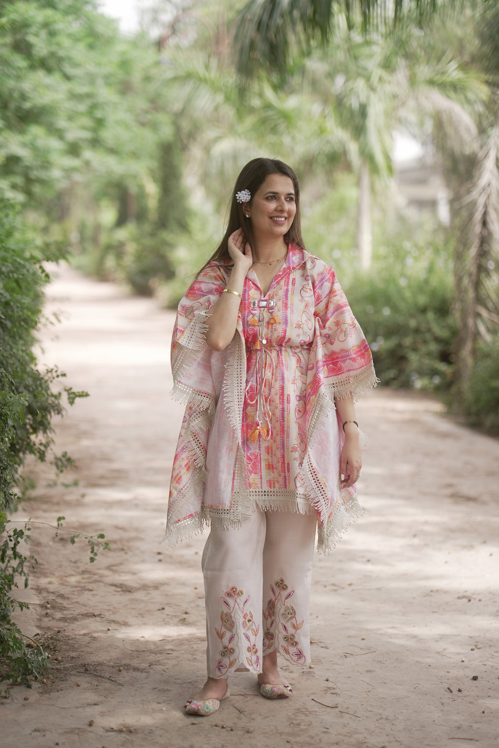 Pink Printed Linen-Cotton Kaftan with Embroidered Pants