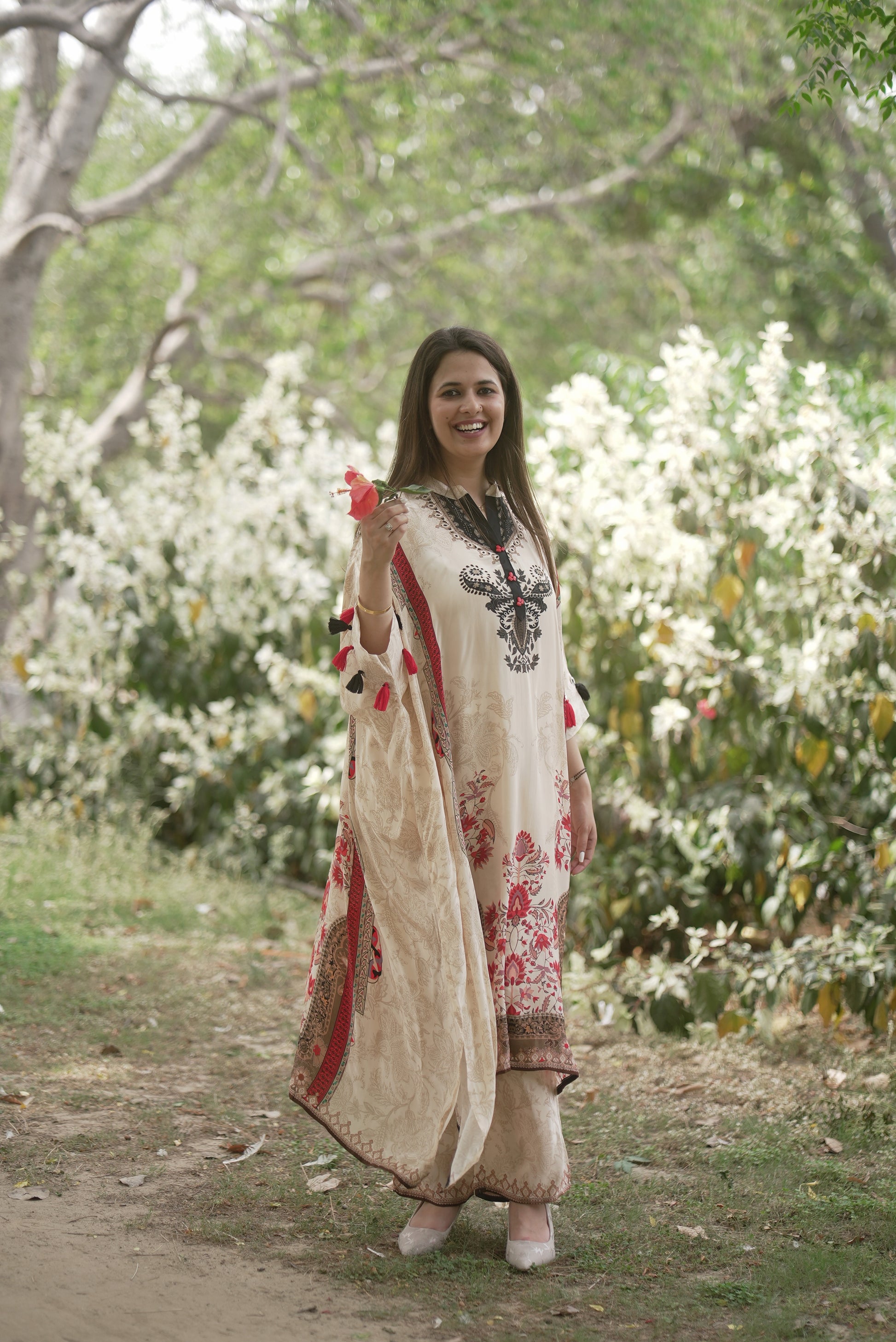 Cream & Red Printed Crepe Co-Ord Set