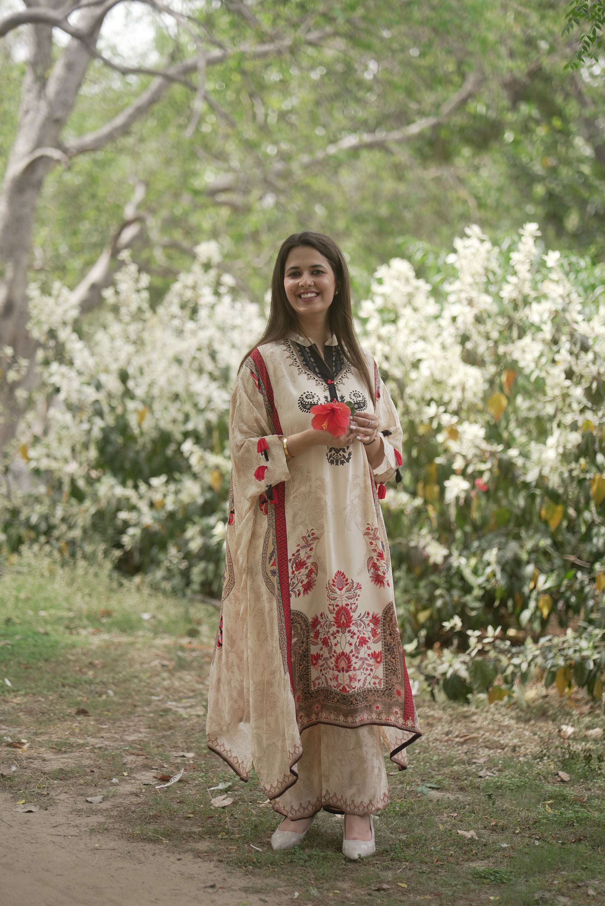 Cream & Red Printed Crepe Co-Ord Set