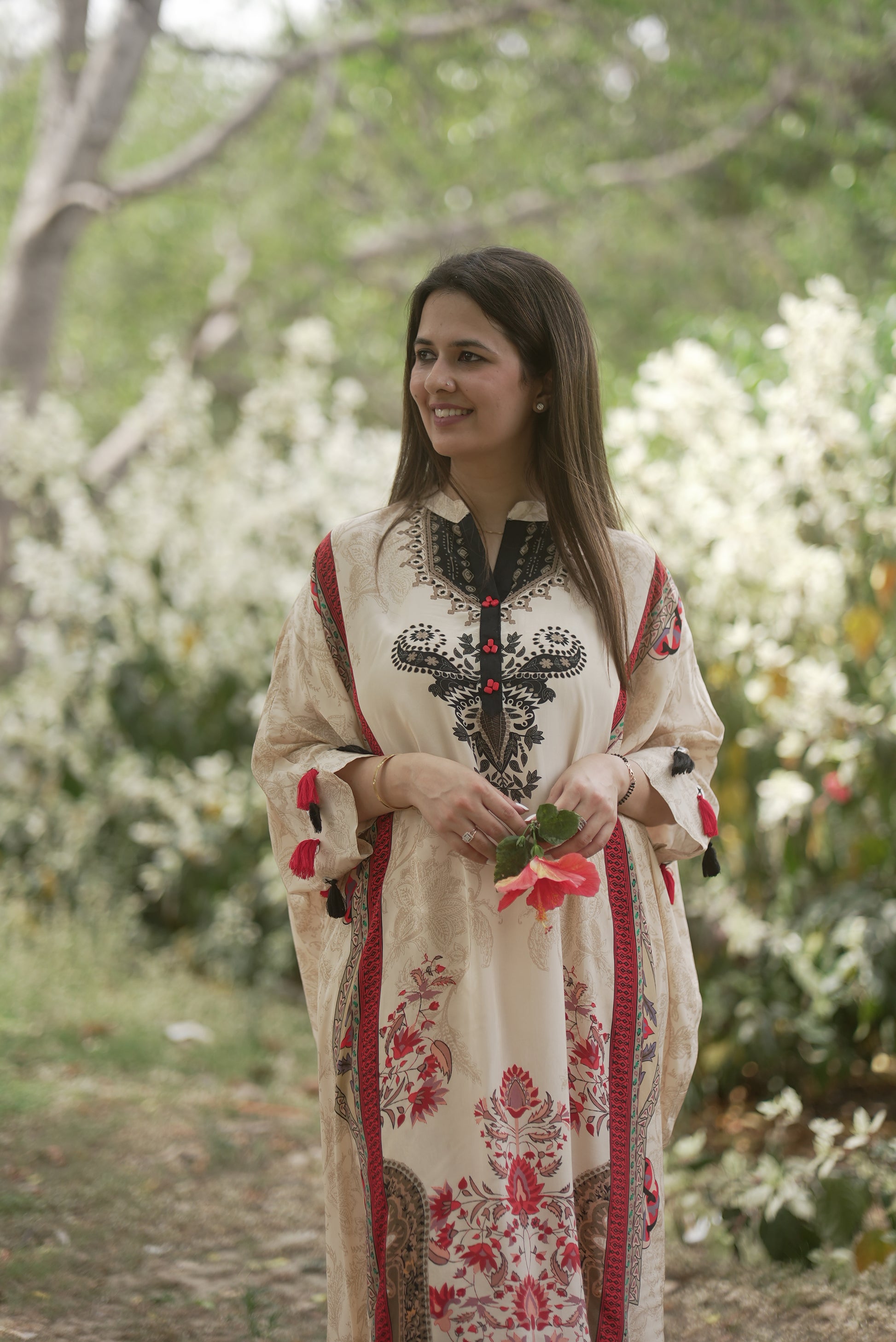 Cream & Red Printed Crepe Co-Ord Set