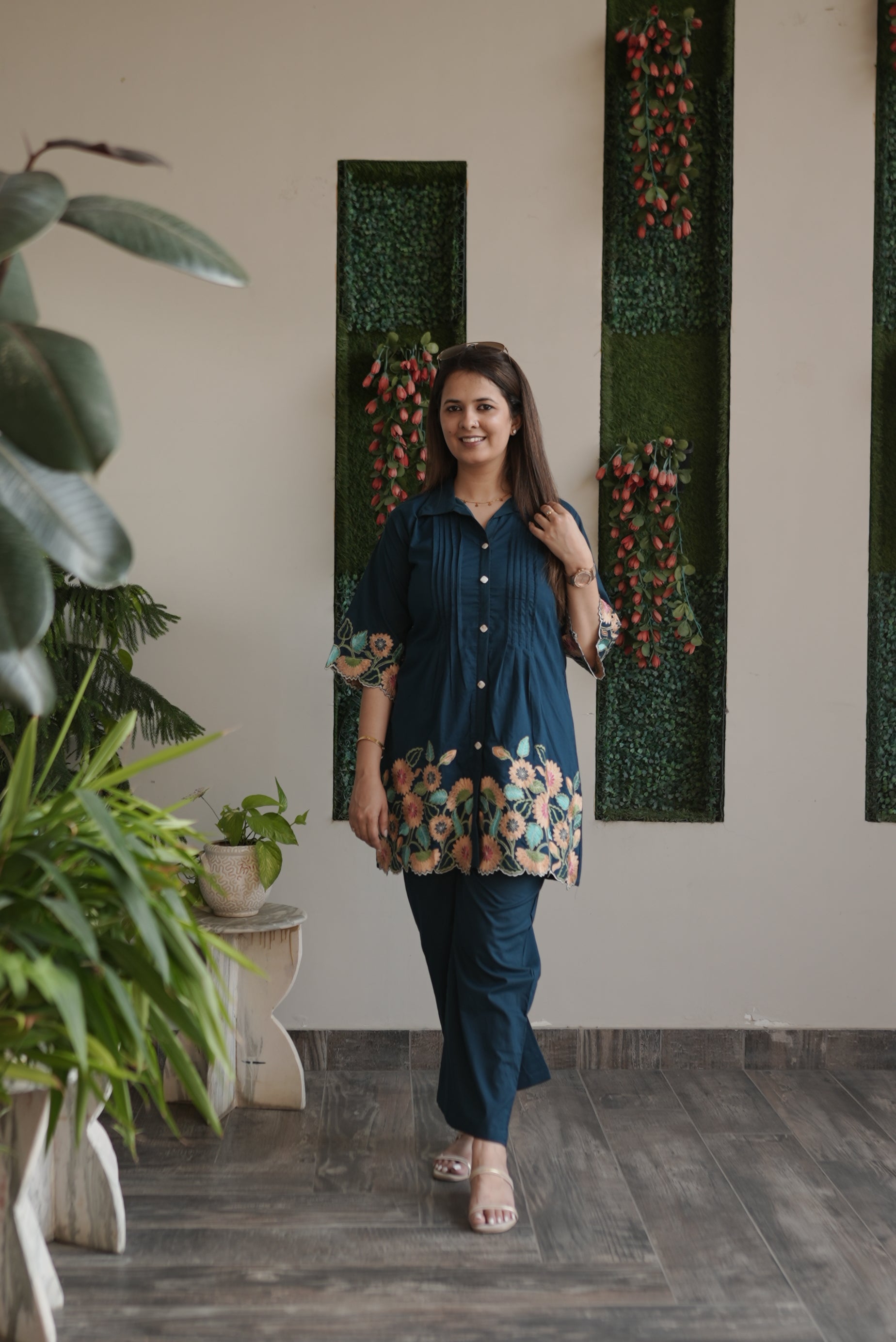 Midnight Blue Floral Embroidered Cotton Kurta Set