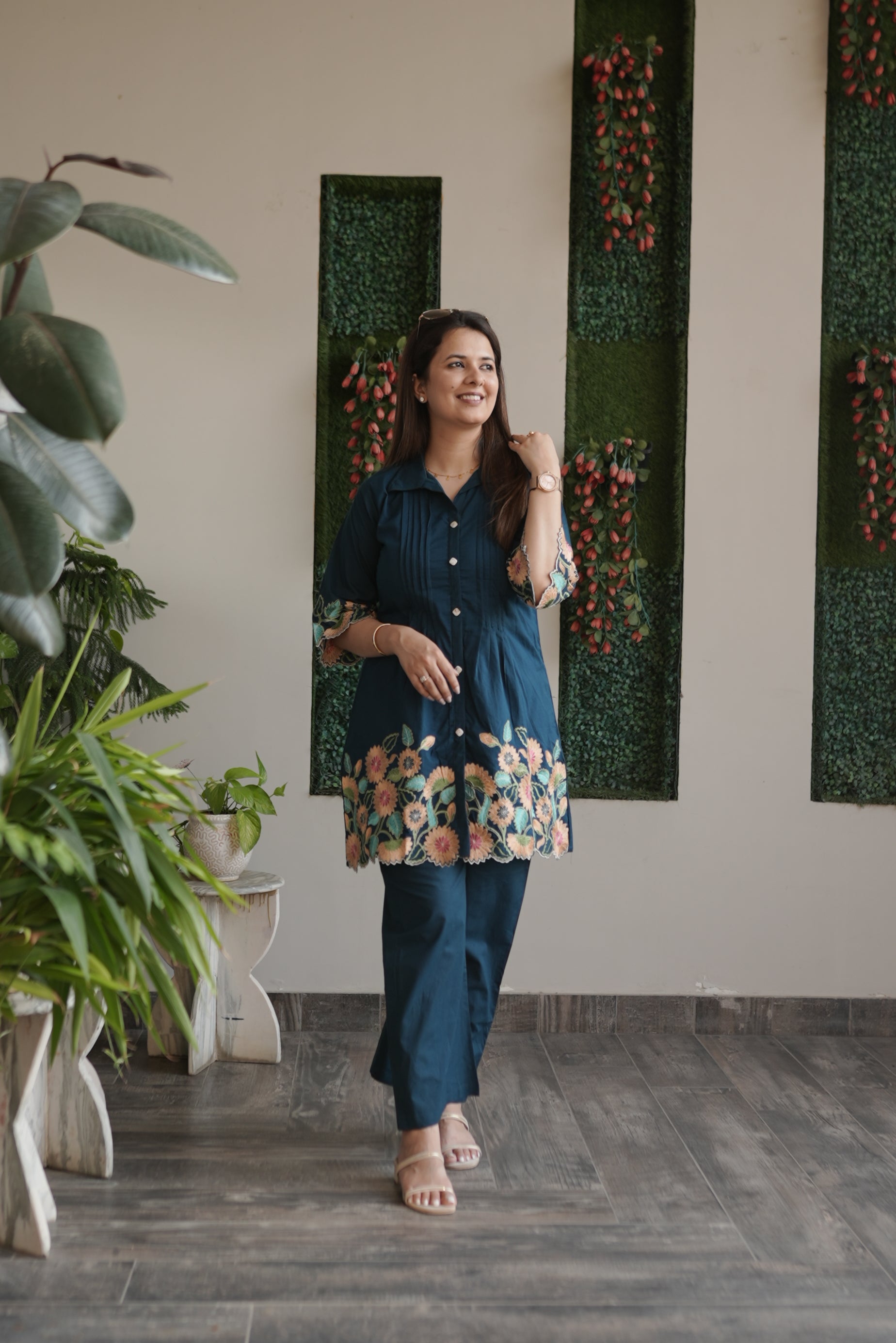 Midnight Blue Floral Embroidered Cotton Kurta Set