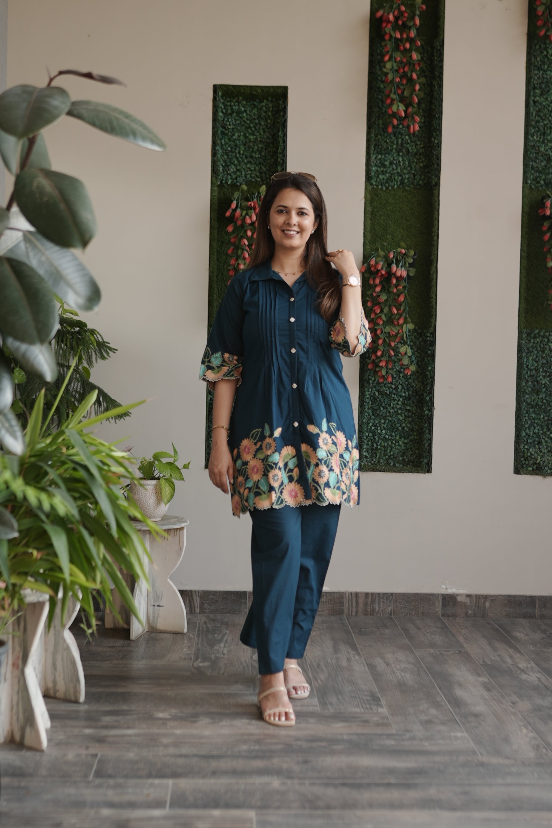 Midnight Blue Floral Embroidered Cotton Kurta Set