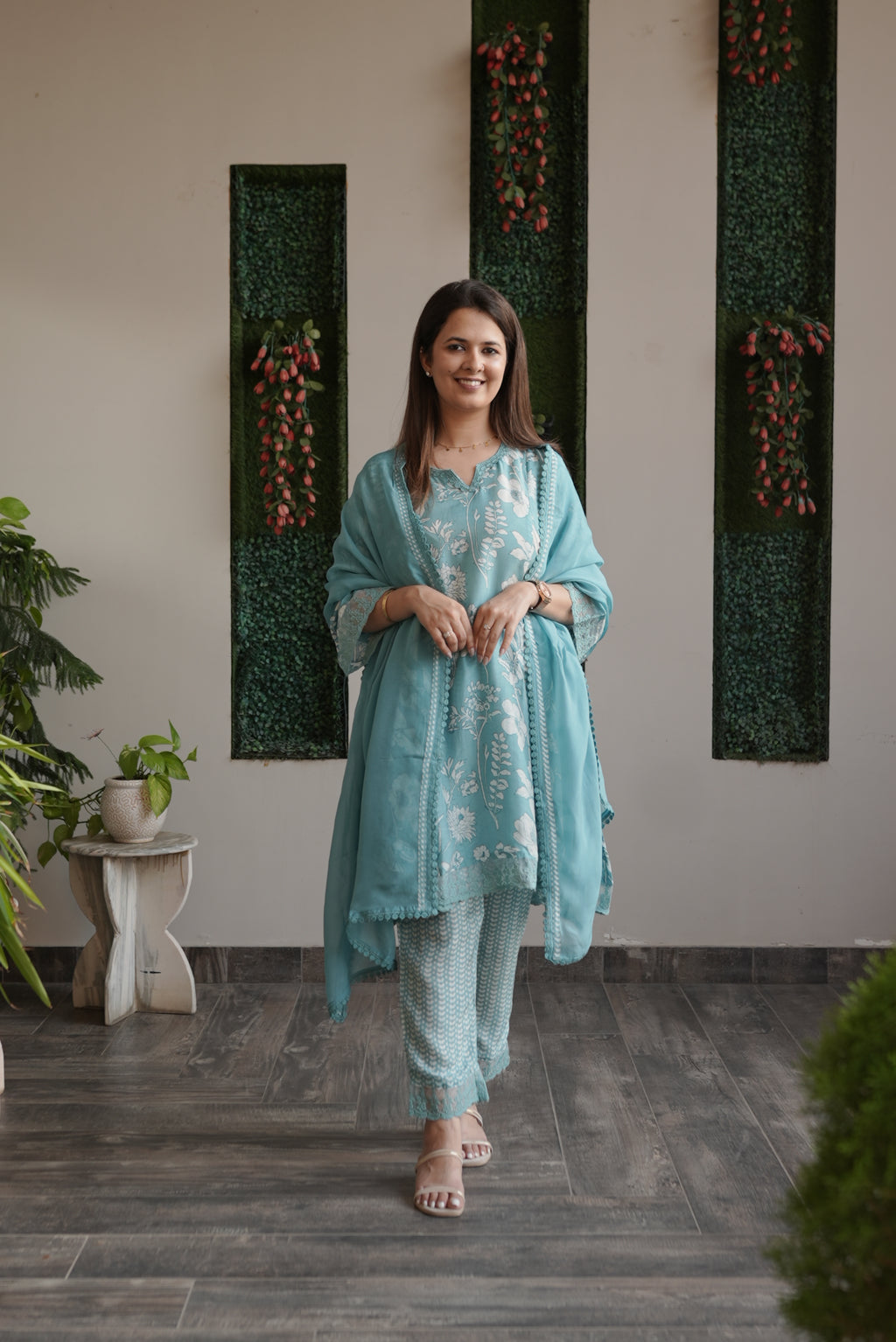 Seafoam Muslin Kurta Set with Organza Dupatta