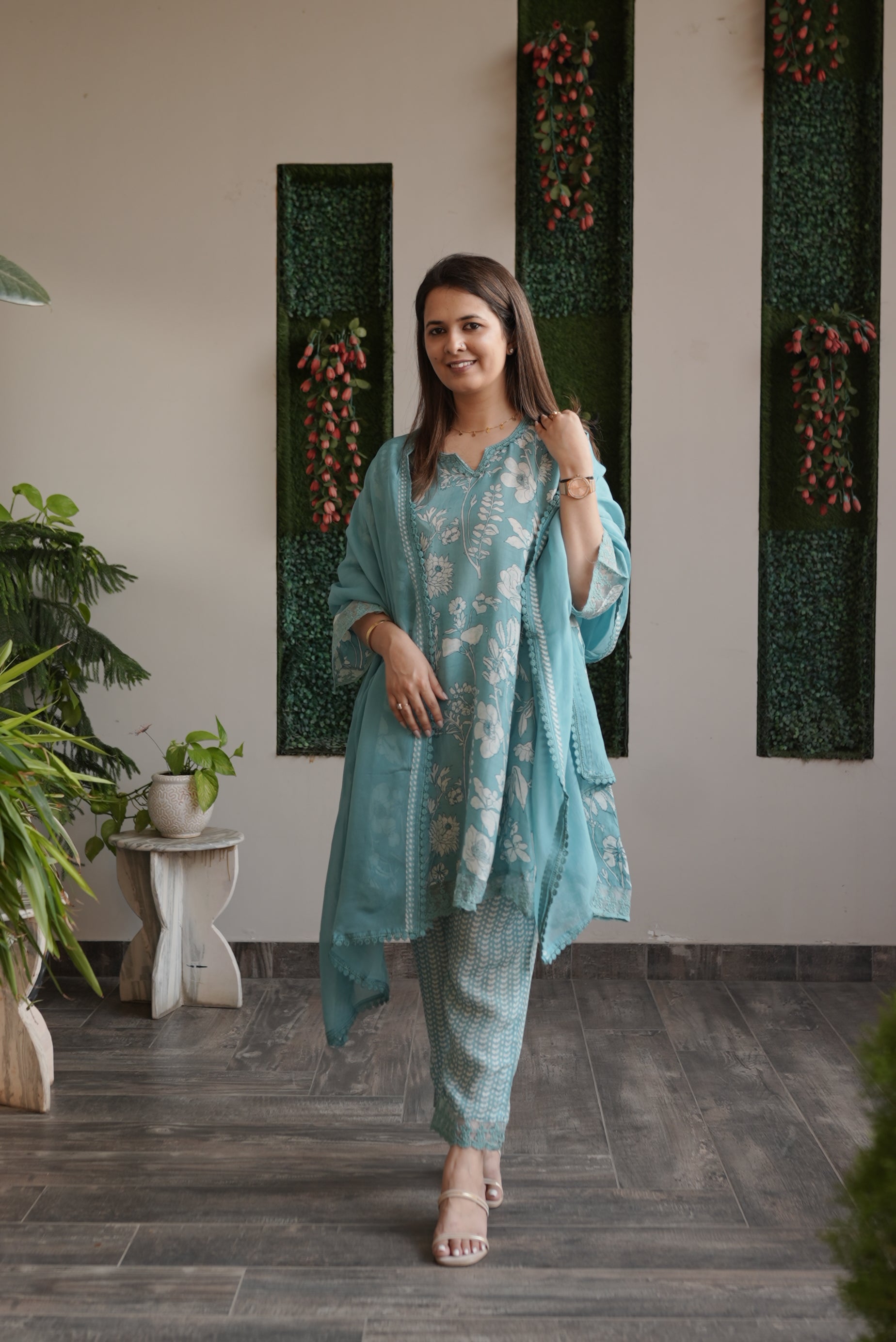 Seafoam Muslin Kurta Set with Organza Dupatta