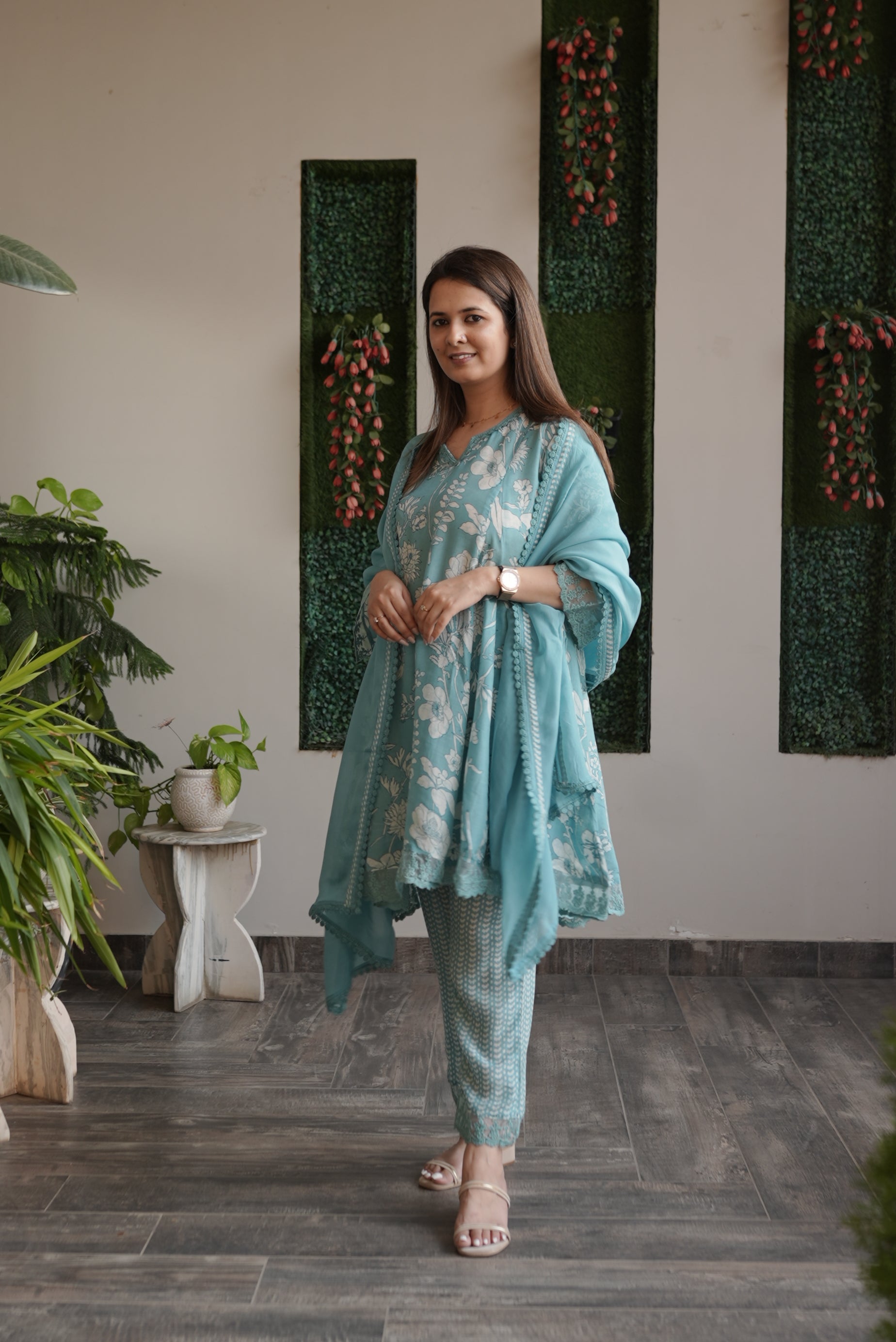 Seafoam Muslin Kurta Set with Organza Dupatta