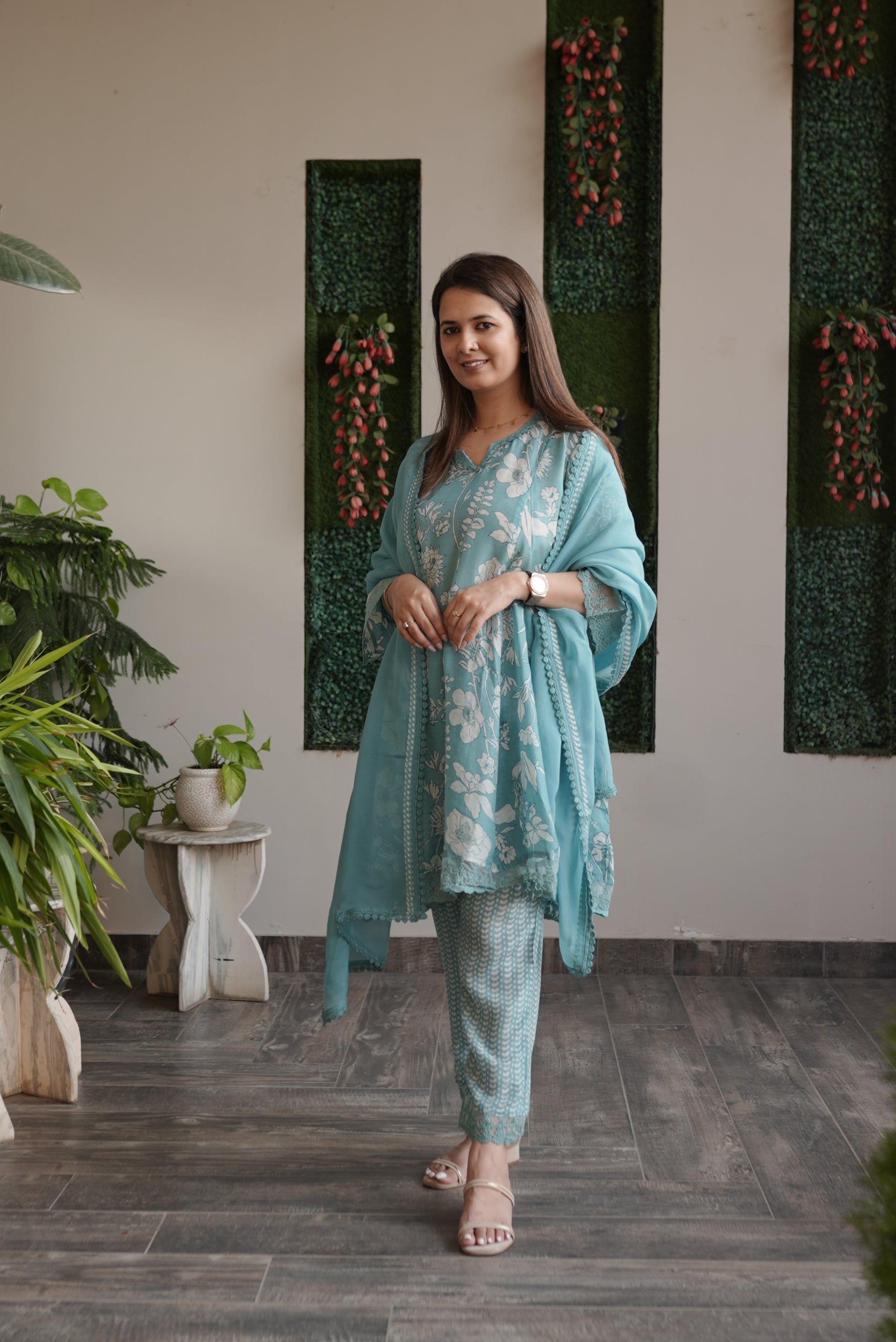 Seafoam Muslin Kurta Set with Organza Dupatta