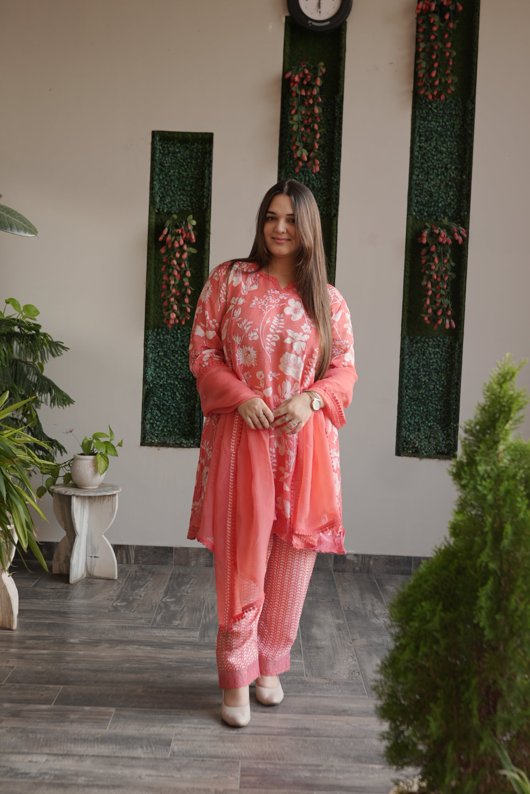 Blush Coral Floral Embroidered Kurta Set