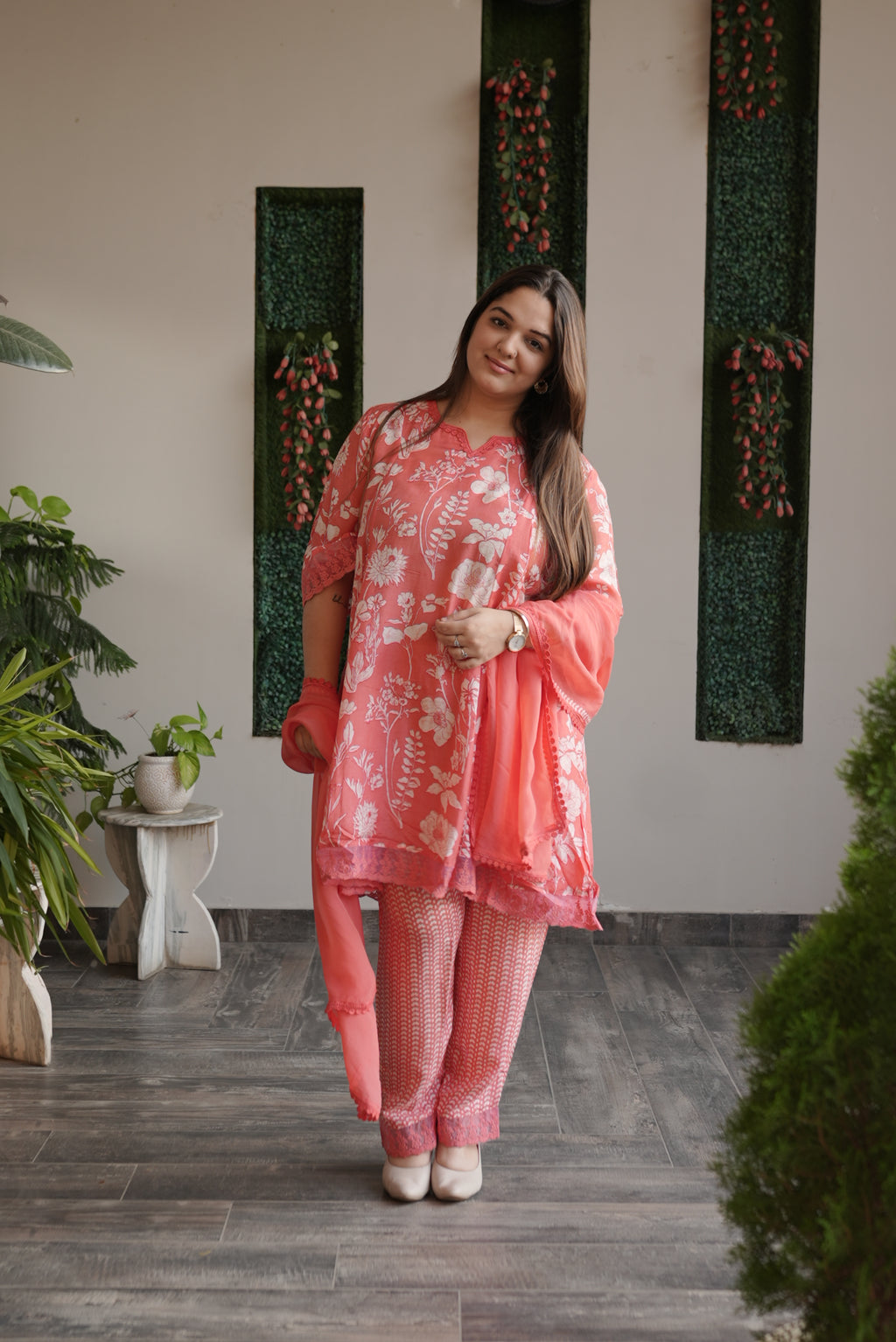 Blush Coral Floral Embroidered Kurta Set