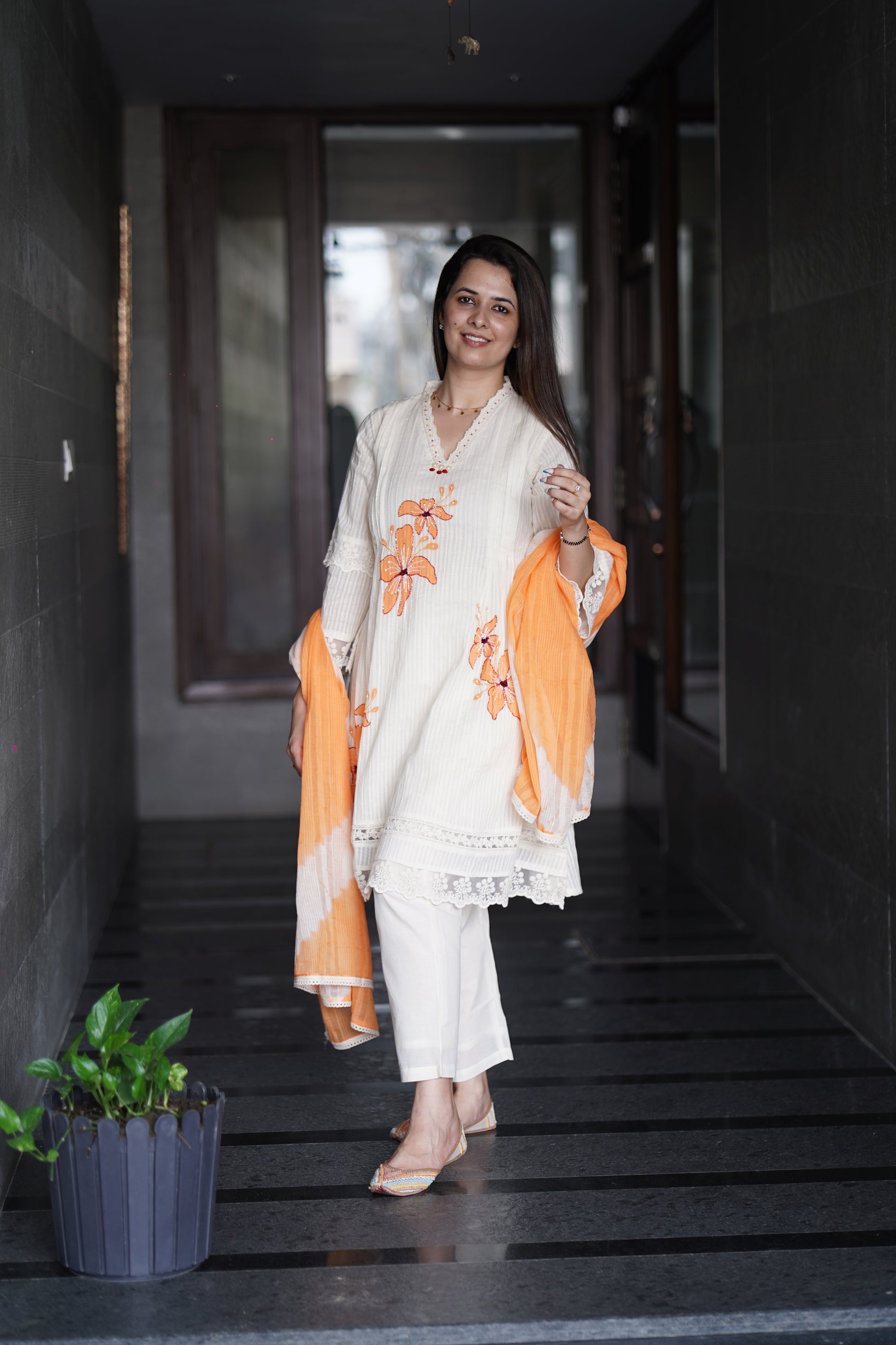 Elegant Cream & Orange Floral Embroidered Suit Set