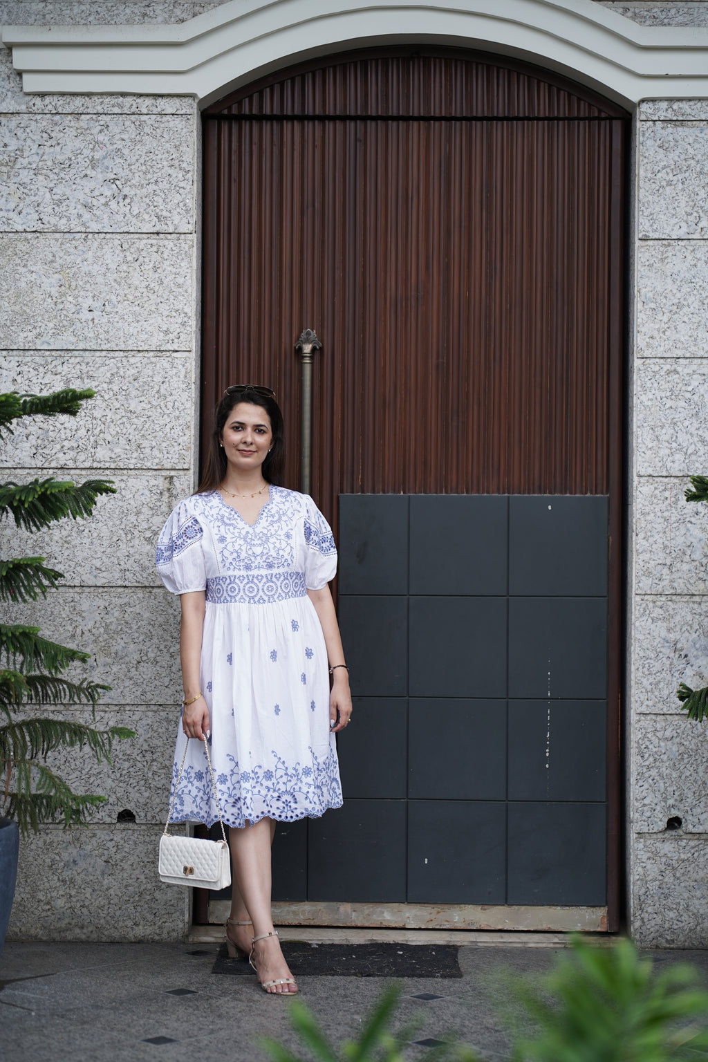 White & Indigo Blue Embroidered Cotton Dress