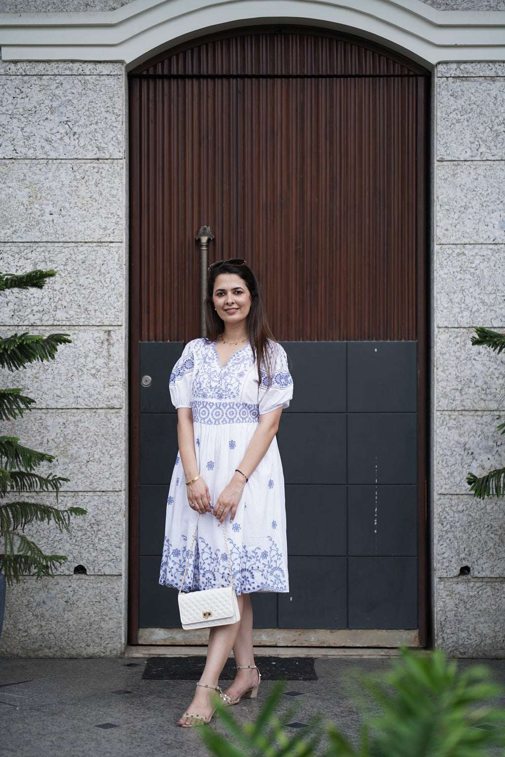 White & Indigo Blue Embroidered Cotton Dress