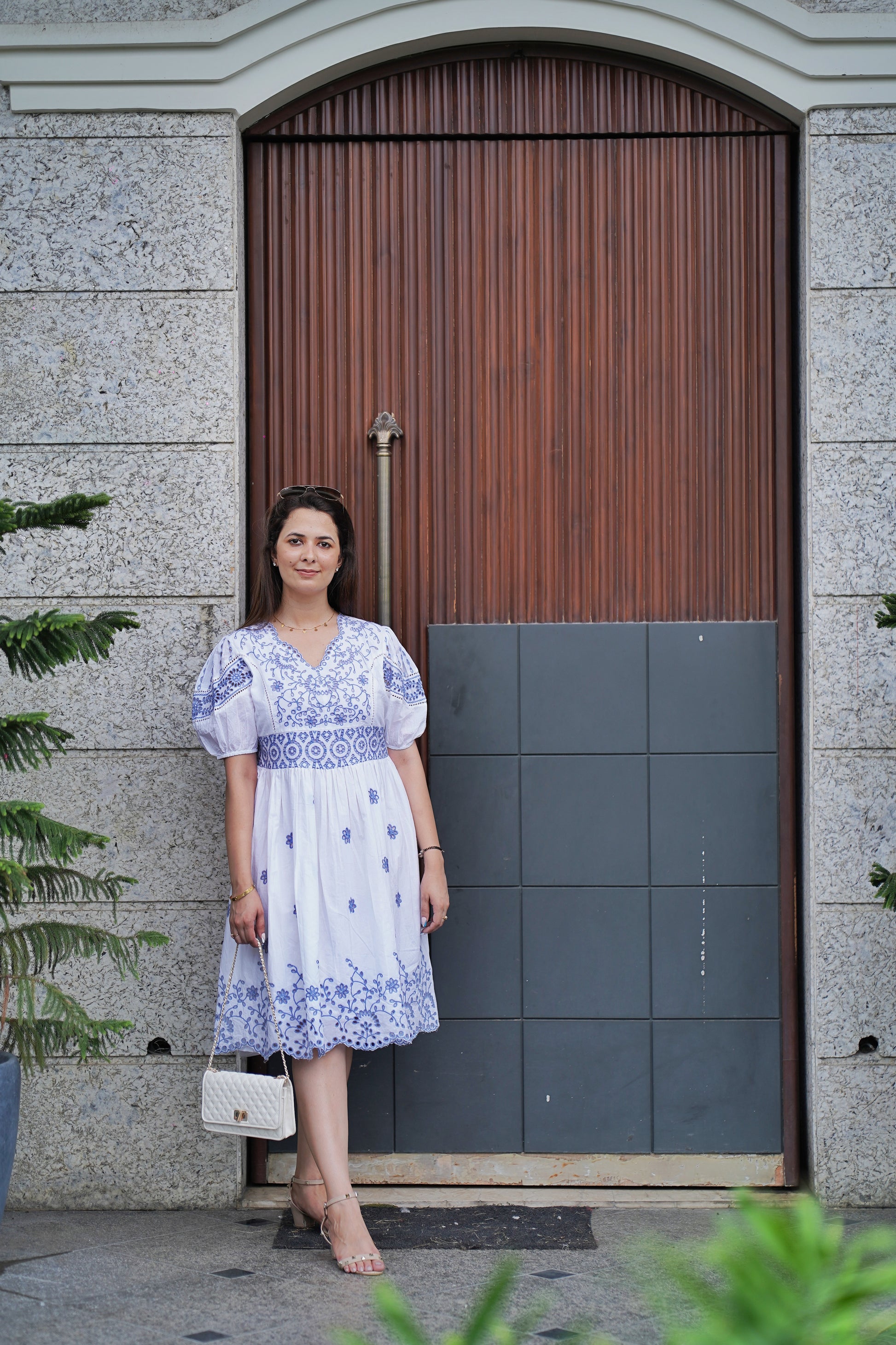 White & Indigo Blue Embroidered Cotton Dress