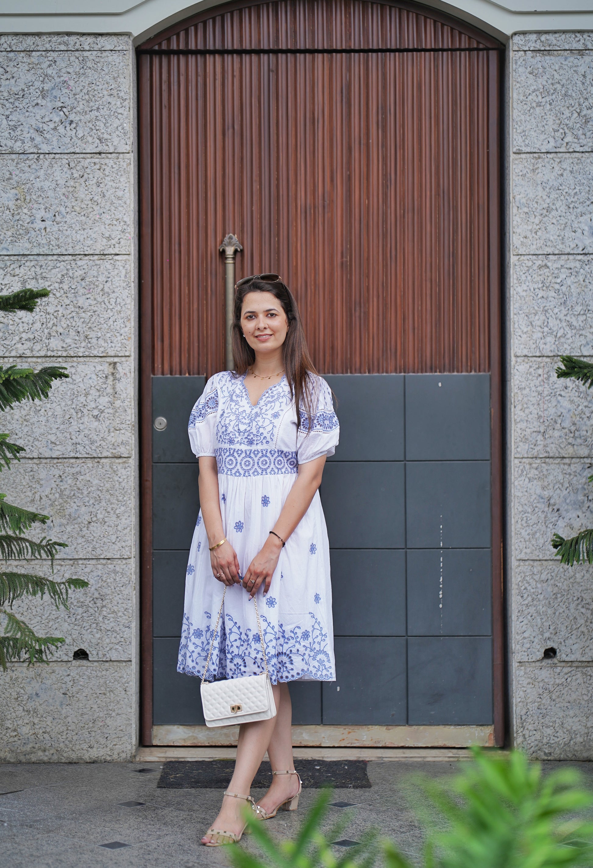 White & Indigo Blue Embroidered Cotton Dress