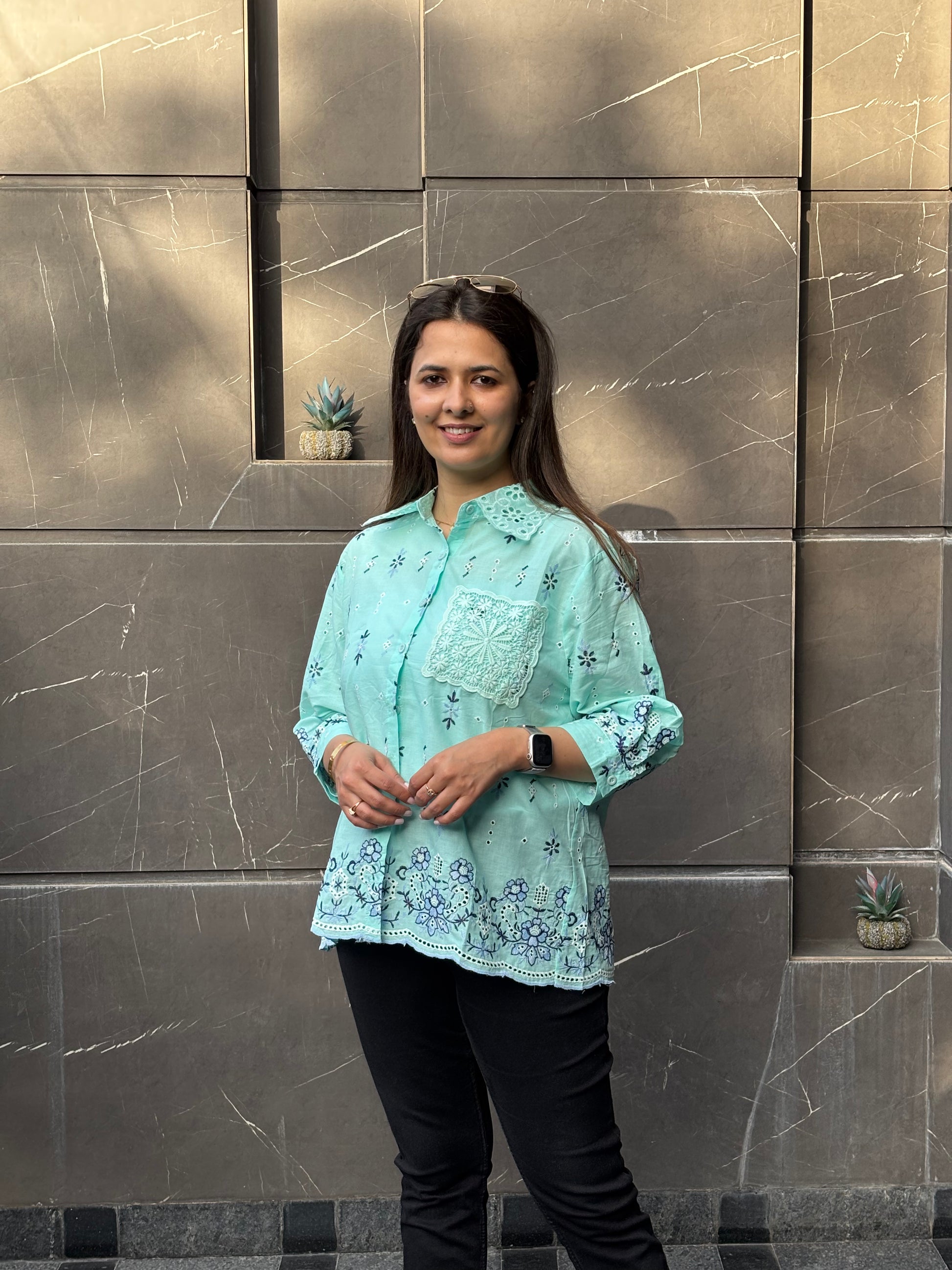 Seafoam Blue Embroidered Cotton Top (Cotton)