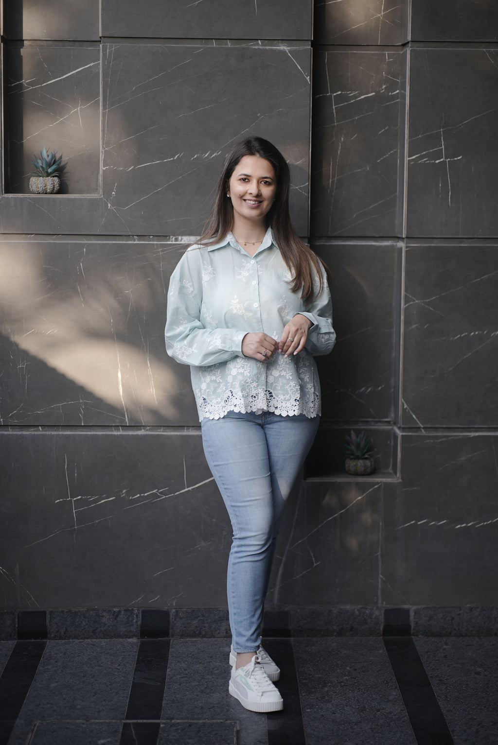 Powder Green Embroidered Top (Cotton)