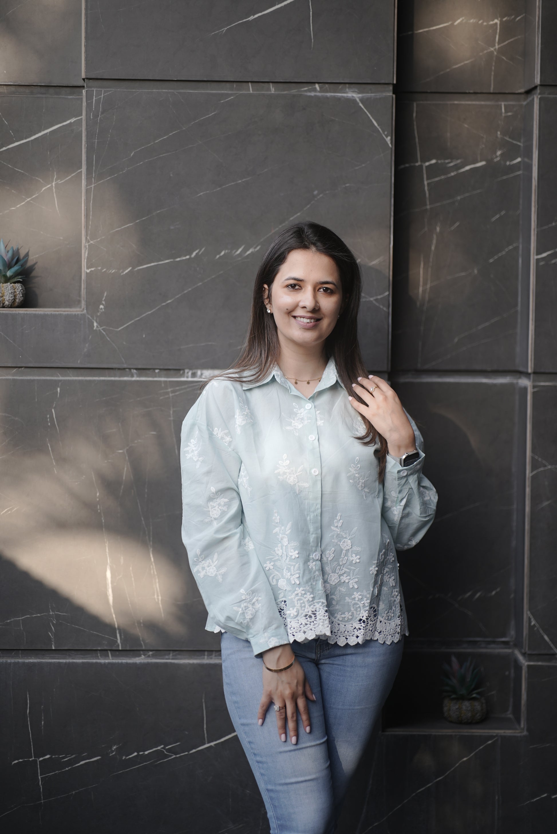 Powder Green Embroidered Top (Cotton)