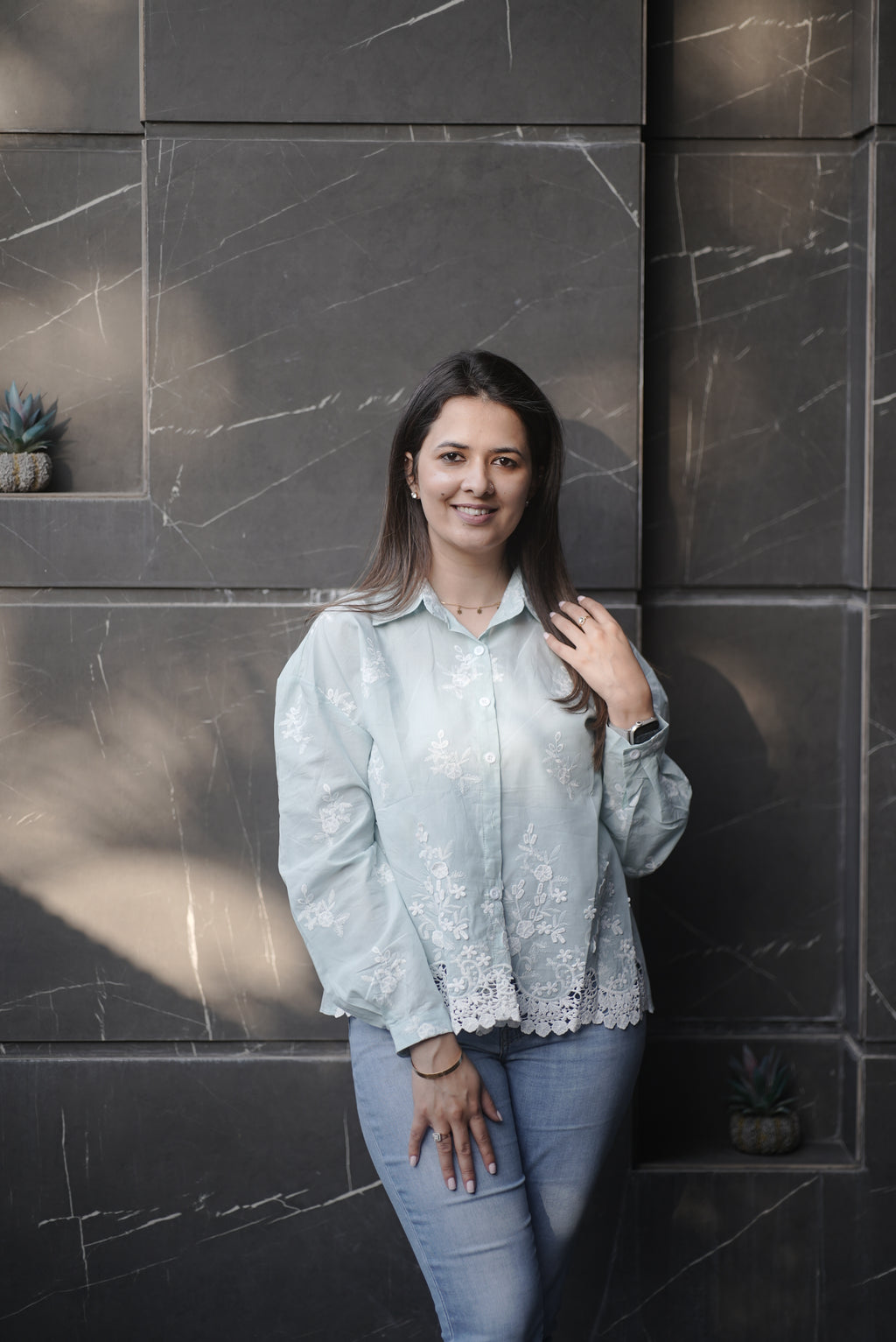 Powder Green Embroidered Top (Cotton)