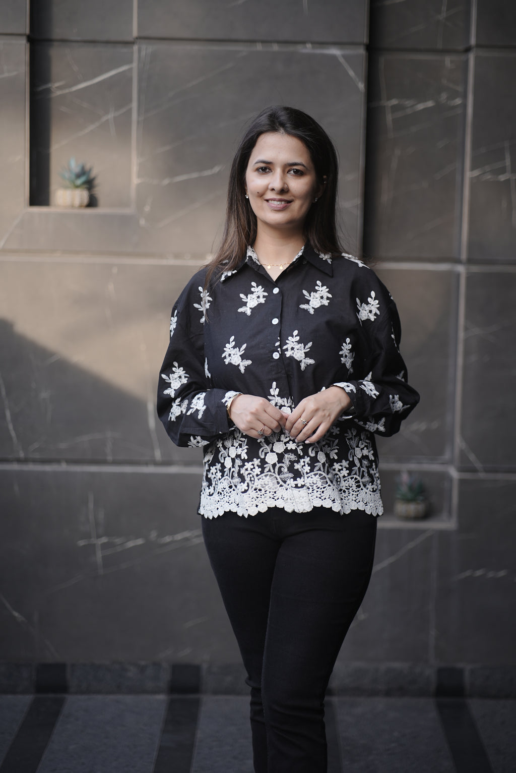 Midnight Black Palm Motif Cotton Shirt