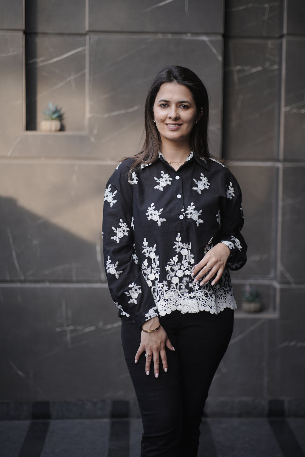 Midnight Black Palm Motif Cotton Shirt